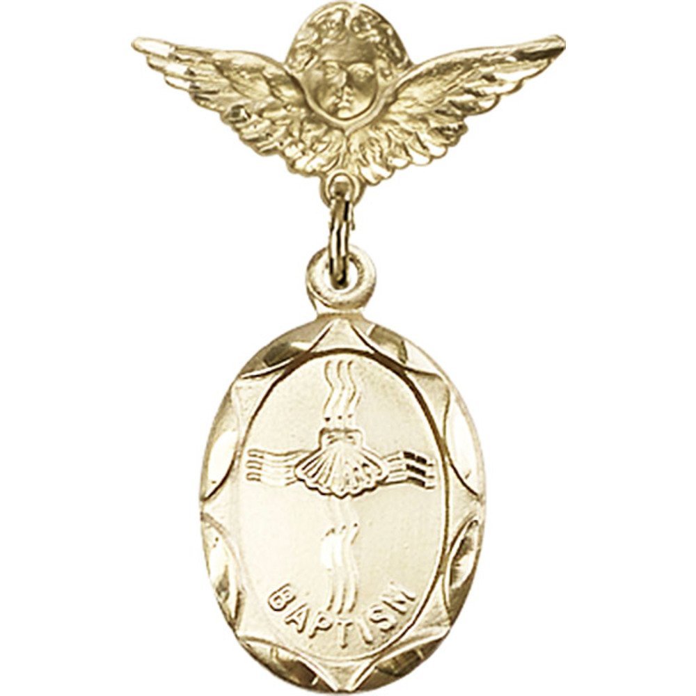 Gold Filled Baby Baptism Badge Pin with Angel Wing Charm - 1 1/8 X 3/4 inches - Perfect for Christening, First Communion & Baby Shower Gifts
