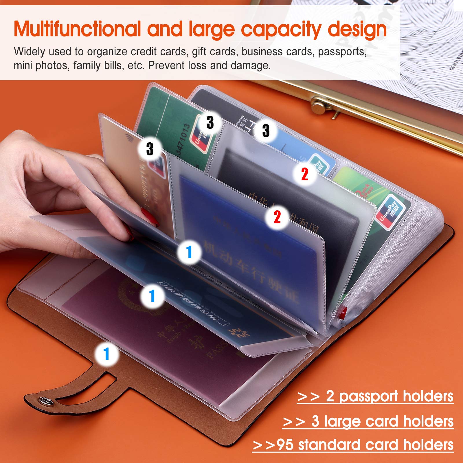 Premium Leather Business Card Holder with 95 Slots - RFID Blocking Credit Card Organizer, 3 Passport & 2 Driver's License Pockets - Professional Card Storage Solution for Business Travel & Networking (Black)