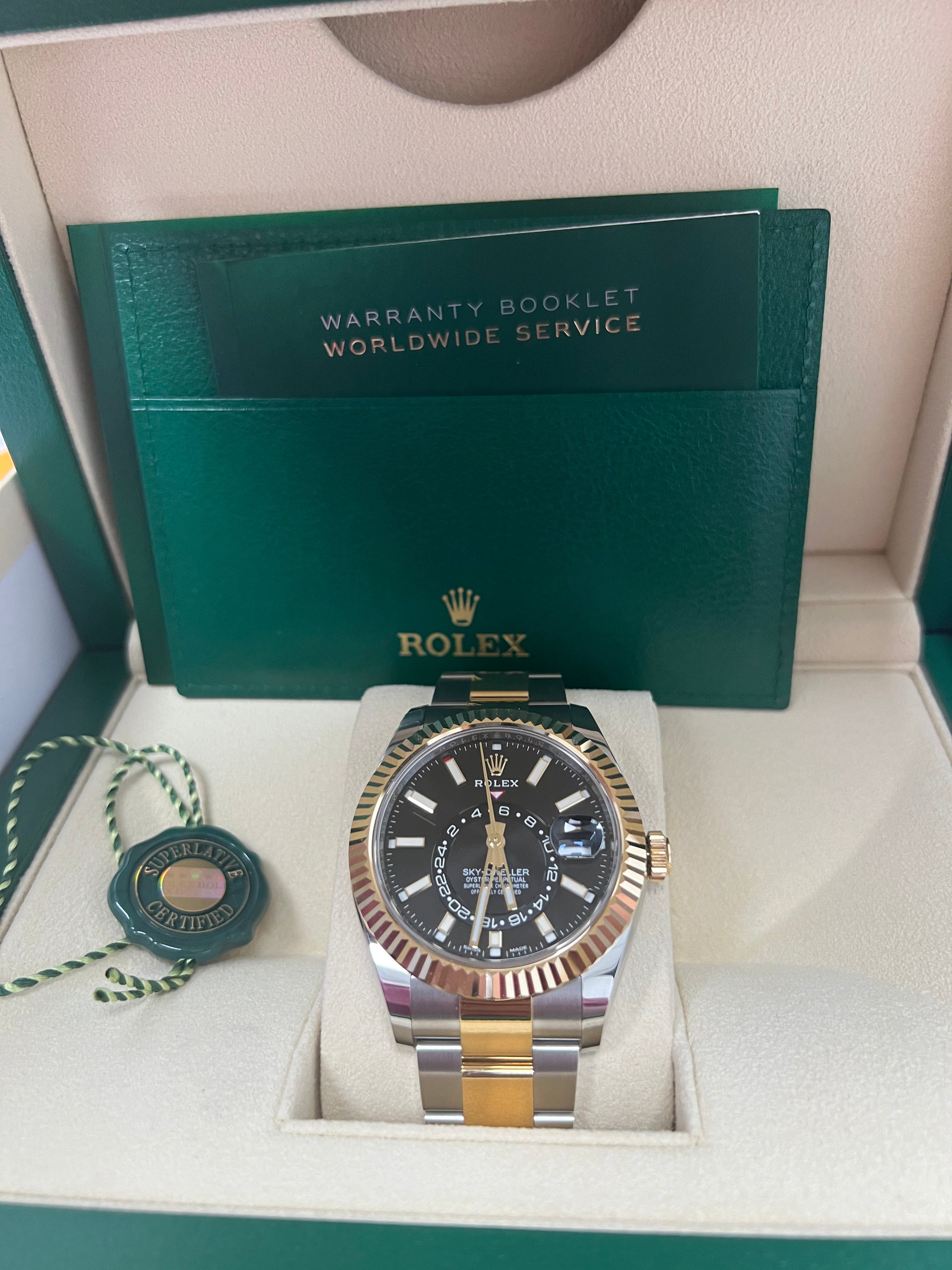 Rolex Sky-Dweller Two-Tone Yellow Gold & Steel Watch with Black Index Dial & Oyster Bracelet (Ref# 326933) - Luxury Timepiece for Business Travelers & Watch Collectors