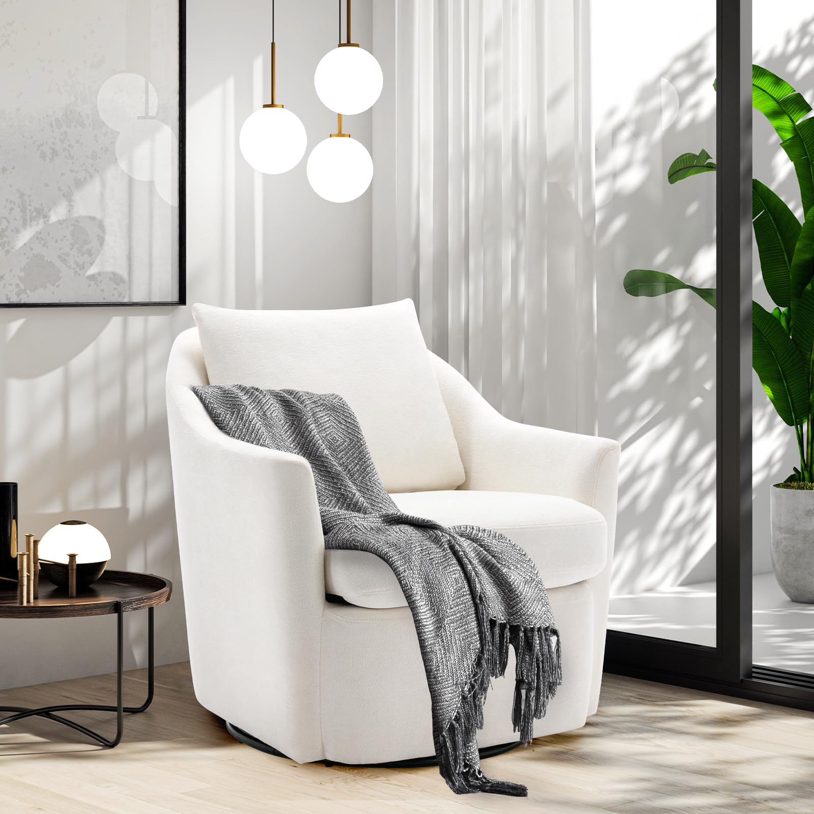 COLAMY 360° Swivel Accent Chair - Modern Upholstered Barrel Armchair for Living Room, Nursery & Bedroom - Cream Velvet Fabric - Perfect for Reading Nook, Home Office or Lounge Area