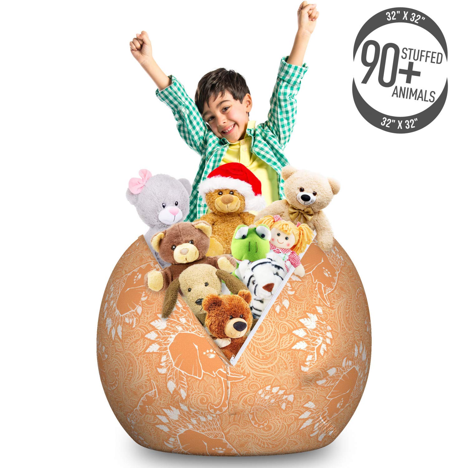 Ambesonne Boho Storage Toy Bag Chair - Large Washable Stuffed Animal Organizer with Feathers & Ornaments - Pale Orange & White - Perfect for Kids' Room, Nursery, Playroom & Home Decor