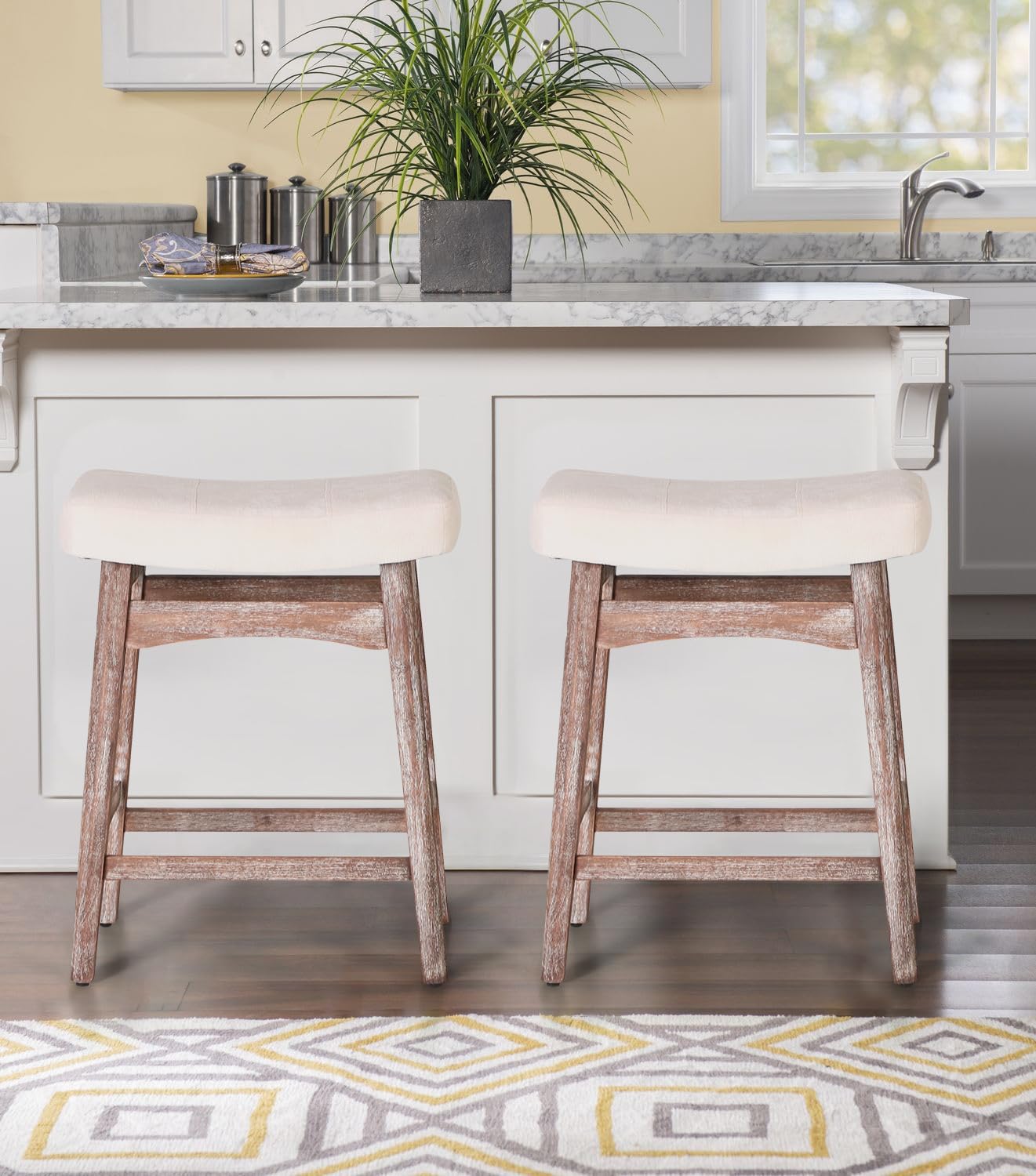 Sophia & William Modern White Bar Stools Set of 2 - 24 Inch Counter Height Bar Chairs with Linen Fabric Seat & Solid Wood Legs - Perfect for Kitchen Islands, Breakfast Bars, and Home Bars