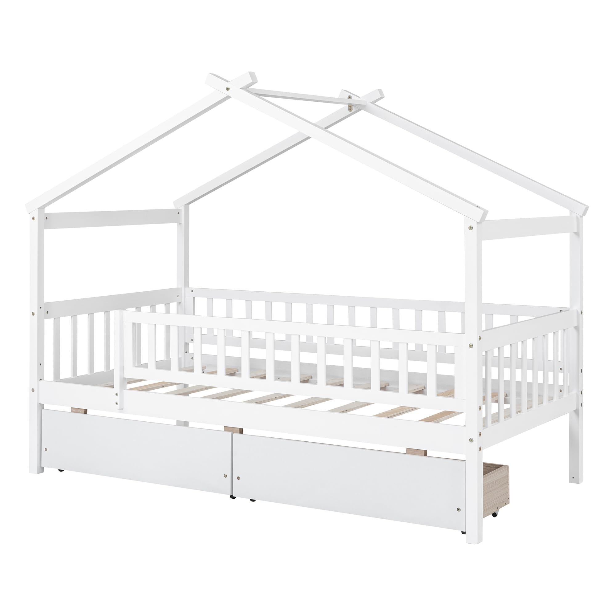 Harper & Bright Designs Twin Size Wooden House Bed for Kids with 2 Storage Drawers - Montessori Bed Frame with Roof & Safety Rails - Perfect for Boys & Girls Bedrooms (White) - Ideal for Small Spaces, Playrooms & Montessori Learning Environments