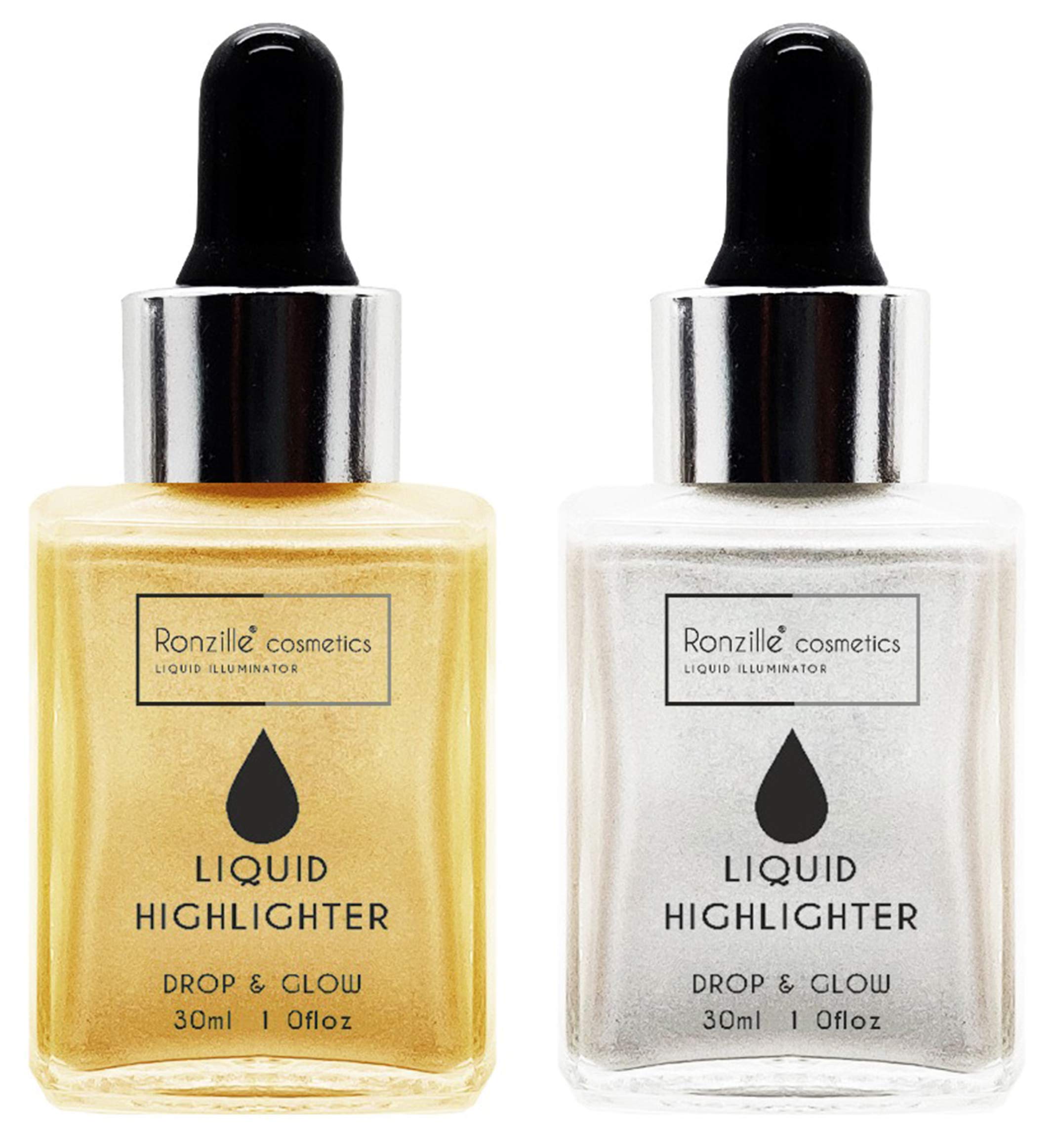 Ronzille Liquid Highlighter for Face Makeup - 30ml (Pack of 2) - Gold & Silver Shimmer - Illuminating Glow for Cheeks, Eyes & Body - Perfect for Day & Night Makeup Looks