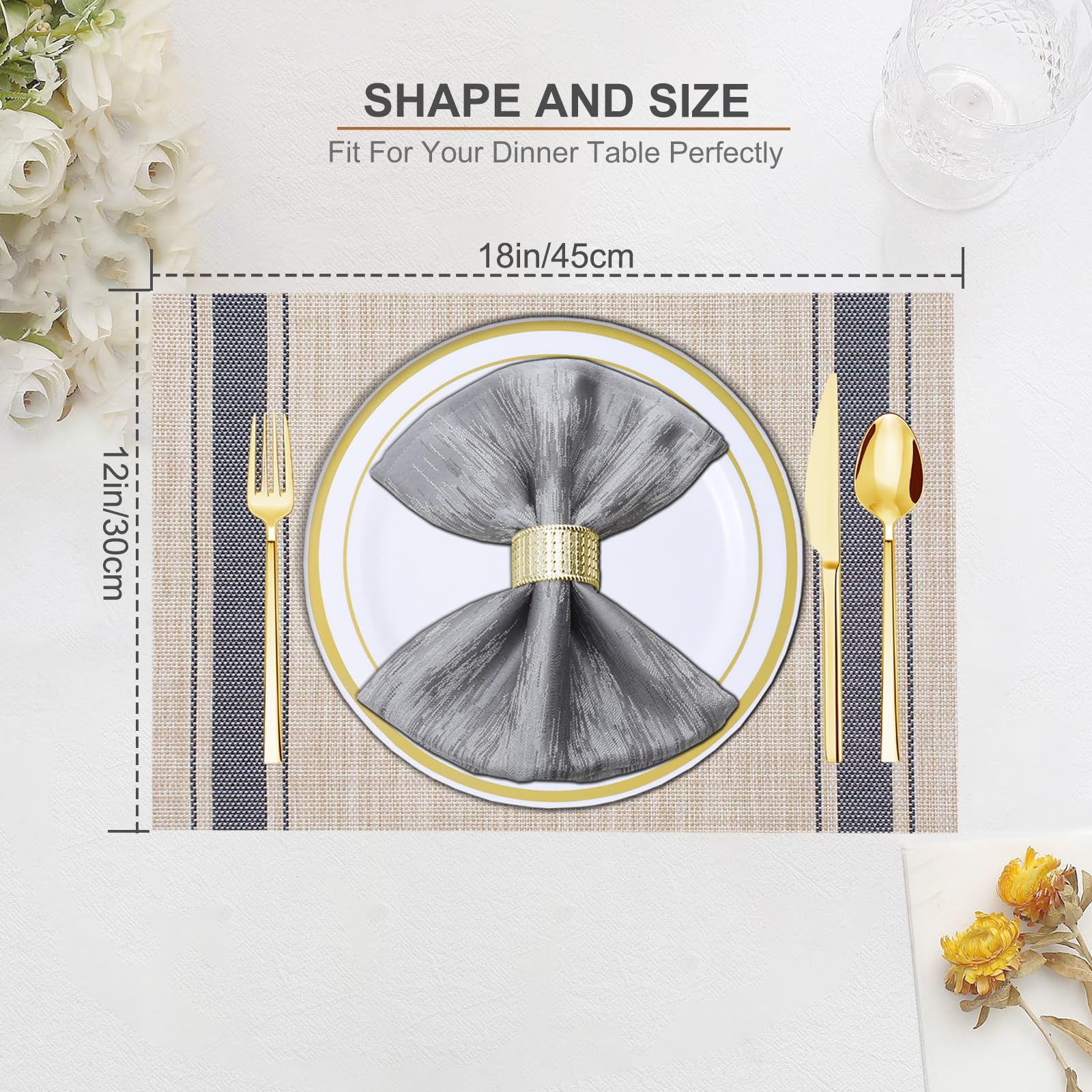 6-Piece Woven Placemats Set - Boho Style Vinyl Table Mats for Dining, Indoor & Outdoor Use - Waterproof & Durable Blue Line Design - Perfect for Kitchen, Patio, and Picnic Settings