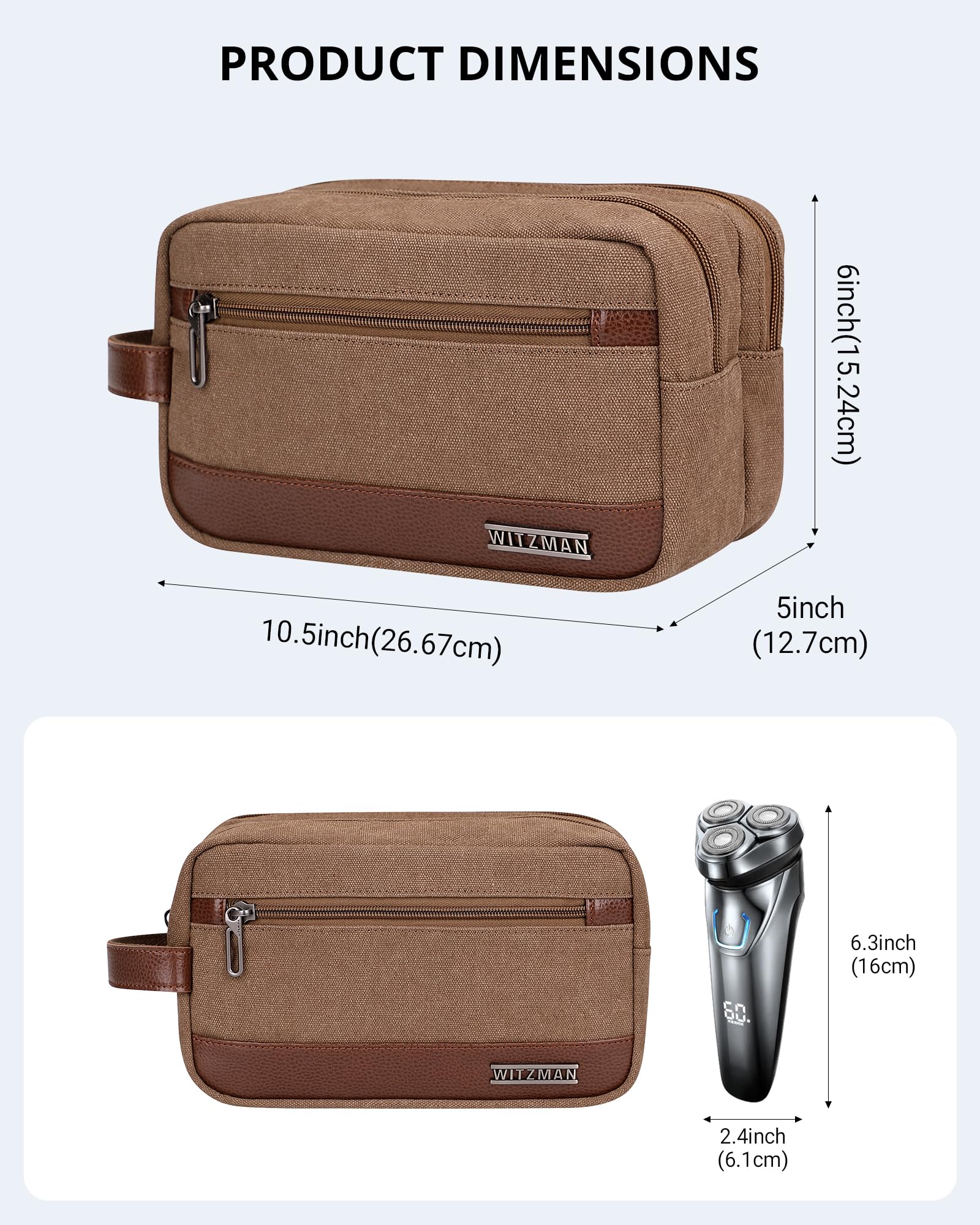 WITZMAN Water-Resistant Hanging Toiletry Bag for Men - Travel Dopp Kit Organizer with Wet Pocket, Durable Canvas Bathroom Bag (A8001 Brown) - Perfect for Camping, Gym & Business Trips