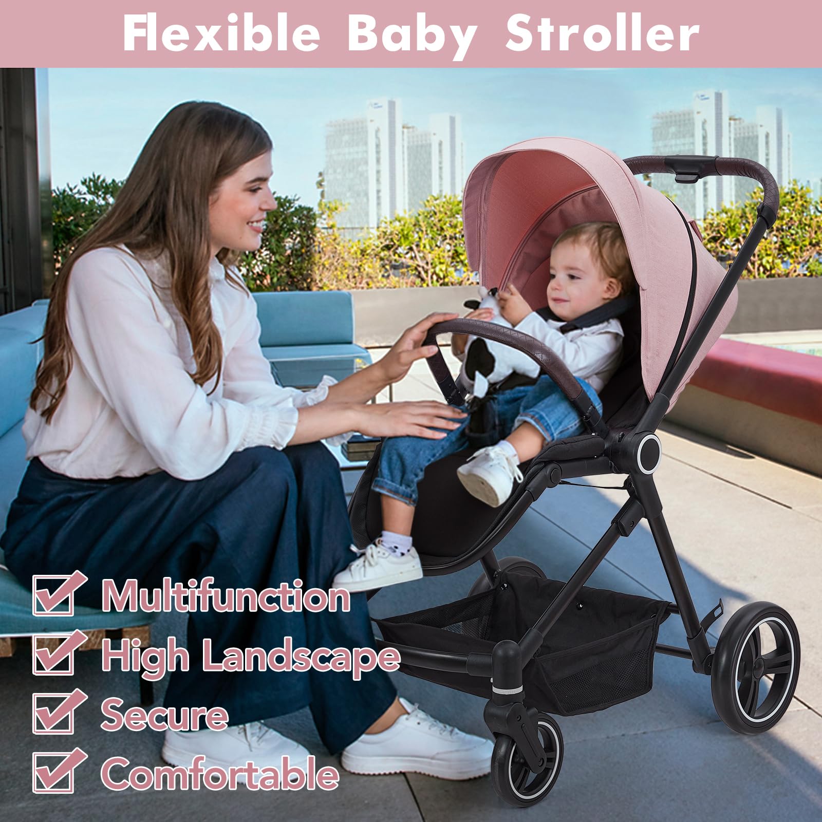 Foldable Pink Baby Stroller - Lightweight Travel Stroller for Newborn to Toddler, Convertible Infant Pram with Reversible Seat, Adjustable Canopy & Footrest, Large Storage Basket & Cup Holder | Perfect for Shopping, Travel, Walks in Park & Daily Use with Baby Girls & Boys