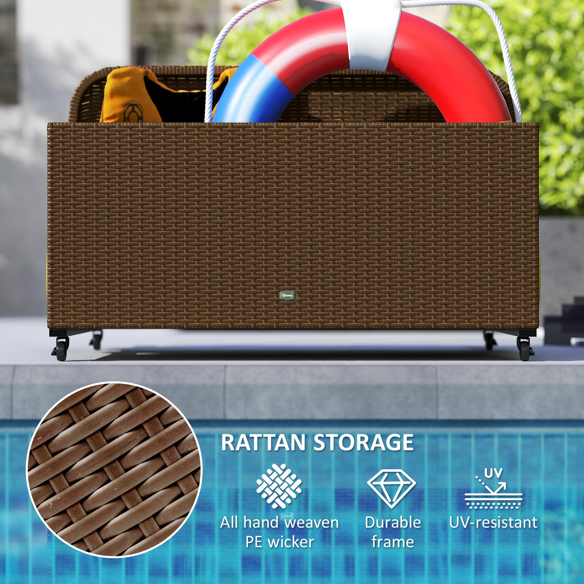 Outsunny Brown PE Rattan Pool Float Storage Basket with Wheels - Outdoor Wicker Caddy Organizer for Pool Toys, Floaties, Noodles, Beach Balls & Life Vests - Perfect for Backyard, Poolside & Beach Storage