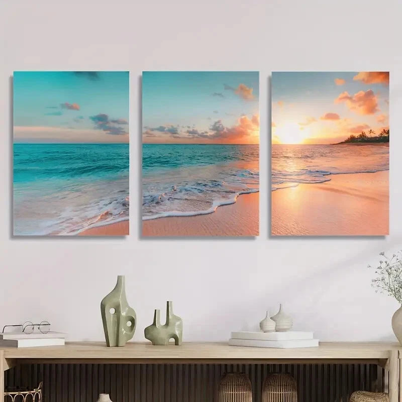 3-Piece Sunrise Coast Beach Blue Sea Nordic Metal Wall Art Prints - Ready to Hang Coastal Decor for Living Room, Bedroom & Office