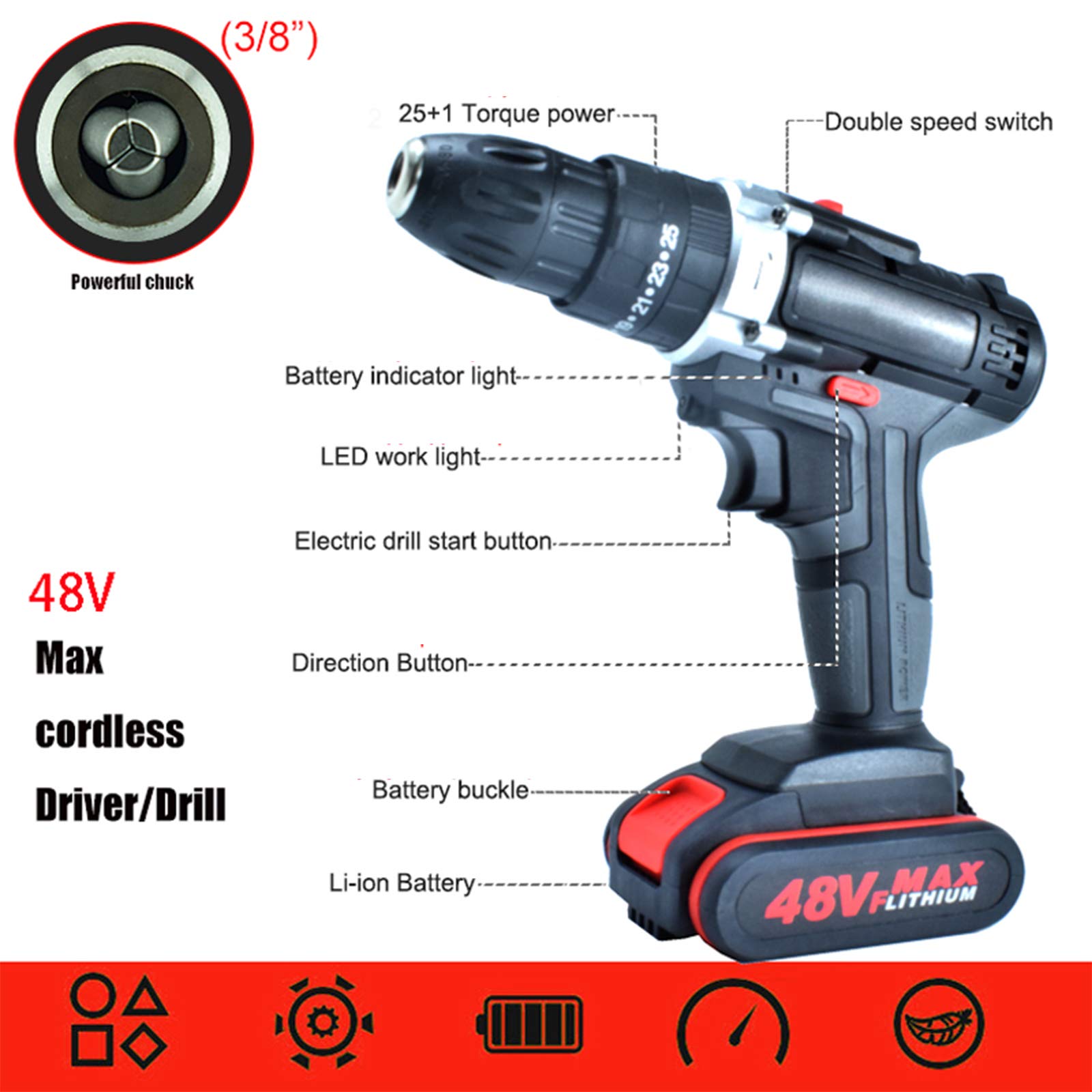 48V Cordless Impact Drill Driver with 25+1 Torque Settings, 2 x 2000mAh Li-ion Batteries & Fast Charger - Powerful Electric Screwdriver for Home DIY, Woodworking, Metal Drilling & Construction Projects
