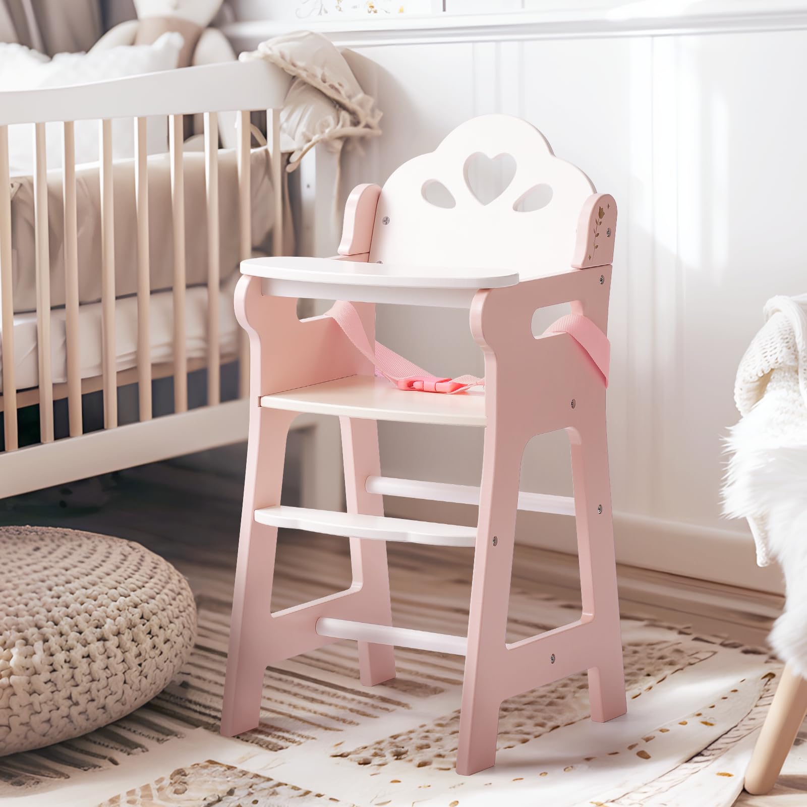 ROBUD Pink Wooden Baby Doll High Chair with Seat Belt & Movable Tabletop - Pretend Play Accessory for 18-20 Inch Dolls | Perfect for Kids Role Play, Tea Parties & Nursery Decor