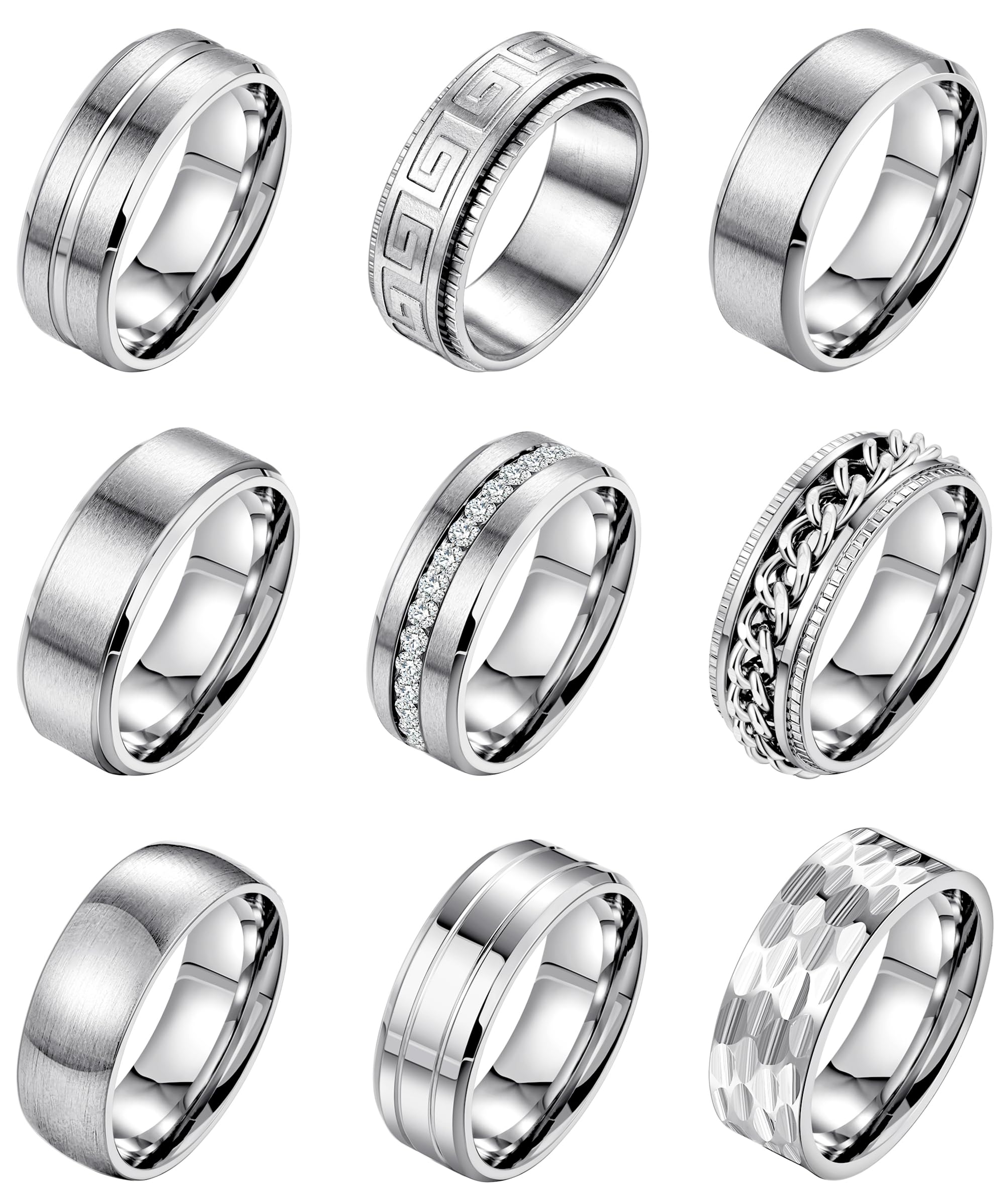 9Pcs 8MM Stainless Steel Band Rings for Men & Women - Simple Brushed Wedding, Engagement, Promise Rings Set (Sizes 7-13) | Durable & Hypoallergenic Jewelry for Everyday Wear, Anniversary Gifts & Couple Rings