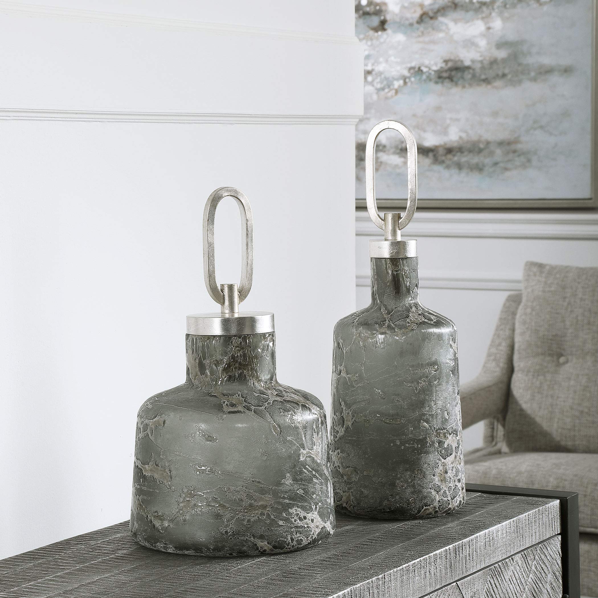 Storm Art Glass Bottles Set of 2 - Handcrafted Decorative Vases for Home, Office & Wedding Decor - Perfect for Flowers, Centerpieces & Gift Giving