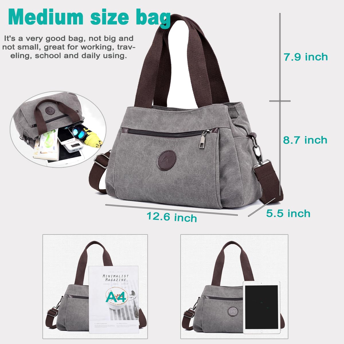 DOURR Women's Canvas Hobo Handbag - Multi Compartment Crossbody Tote Purse with Adjustable Strap, Medium Satchel Bag for Everyday Use, Work & Travel