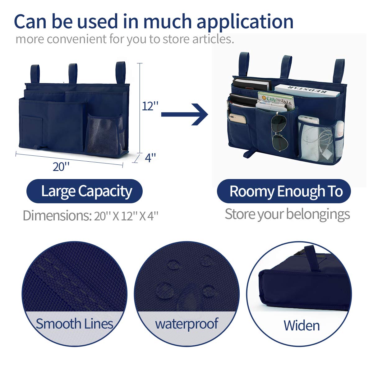 Bseash Bunk Bed Organizer - 8-Pocket Hanging Storage Bag for College Dorm, Hospital & Baby Bed Rails - 600D Oxford Cloth (Navy Blue) - Perfect for Organizing Books, Phones & Essentials in Small Spaces