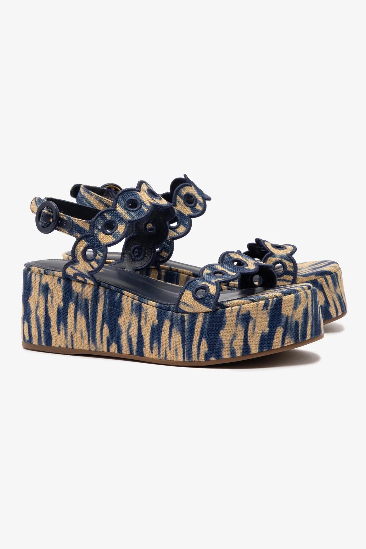 Florence Broderie Flatform Sandal - Tie Dye Beige and Navy Raffia Slides for Women | Comfortable Summer Beach Shoes | Perfect for Vacation, Poolside, and Casual Outings