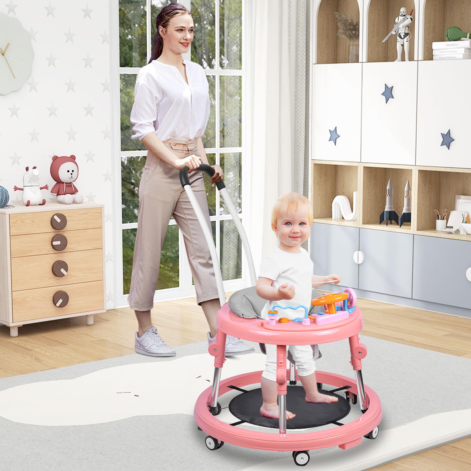 Foldable 9-Speed Adjustable Baby Walker with Wheels & Music - Anti-Slip Foot Pads & Activity Center for Infants 6-24 Months | Safe Learning Walker for Boys & Girls | Perfect for First Steps & Indoor Playtime