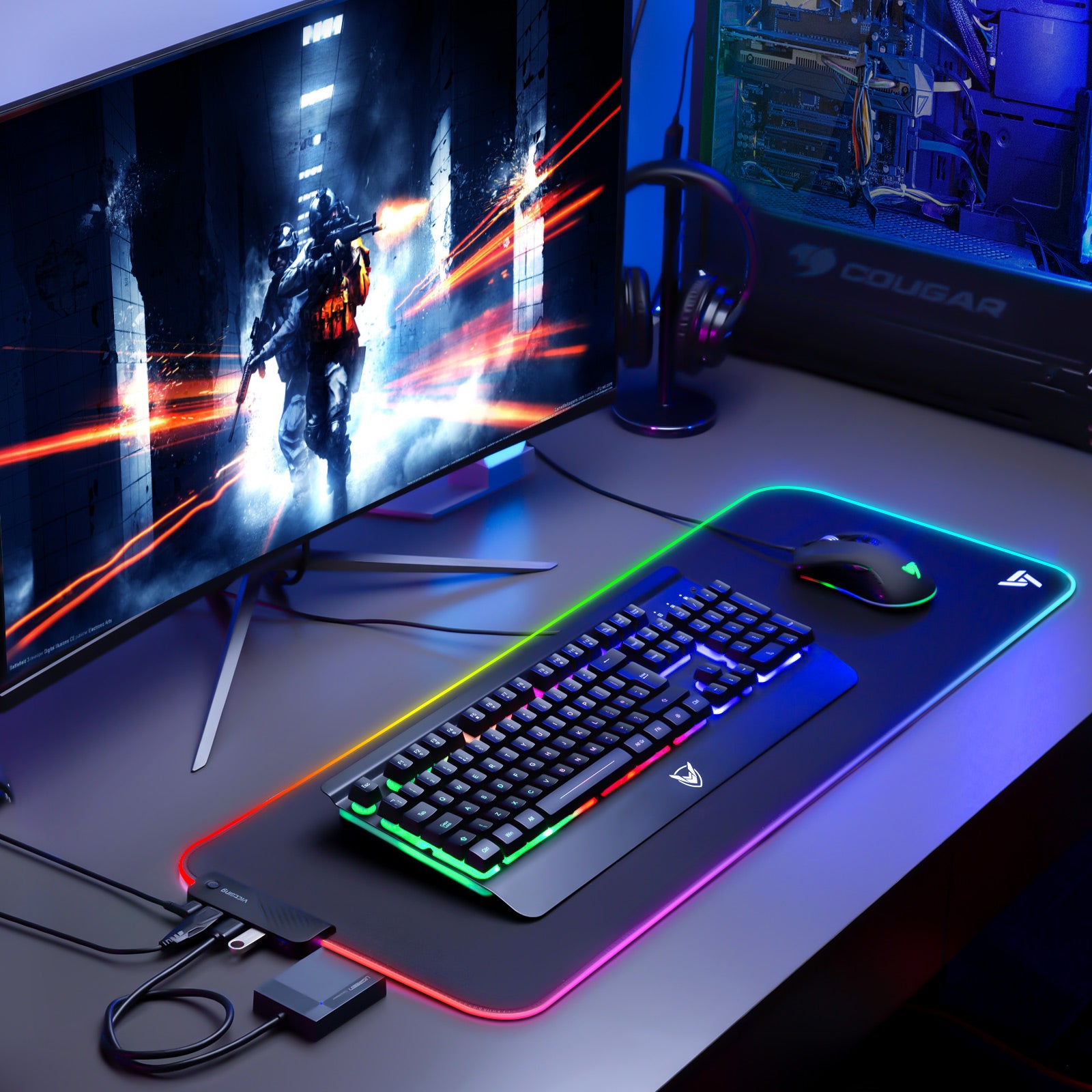 XXL RGB Gaming Mouse Pad with 4 USB Ports - 31.5x11.8 Inches Large Extended Mousepad for PC, Laptop, and Gaming Setup - Perfect for Gamers, Office Work, and Home Use