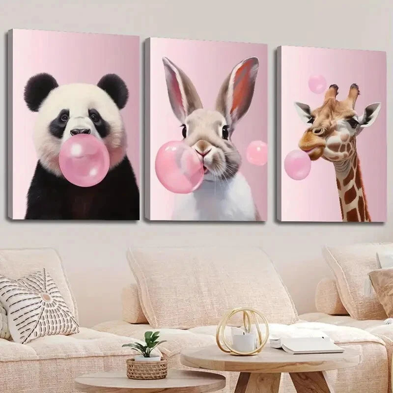 3PCS Romantic Animal Illustration Metal Prints - Pink Bubble Artwork, Ready to Hang Wall Decor for Living Room, Bedroom & Nursery | Perfect Gift for Animal Lovers