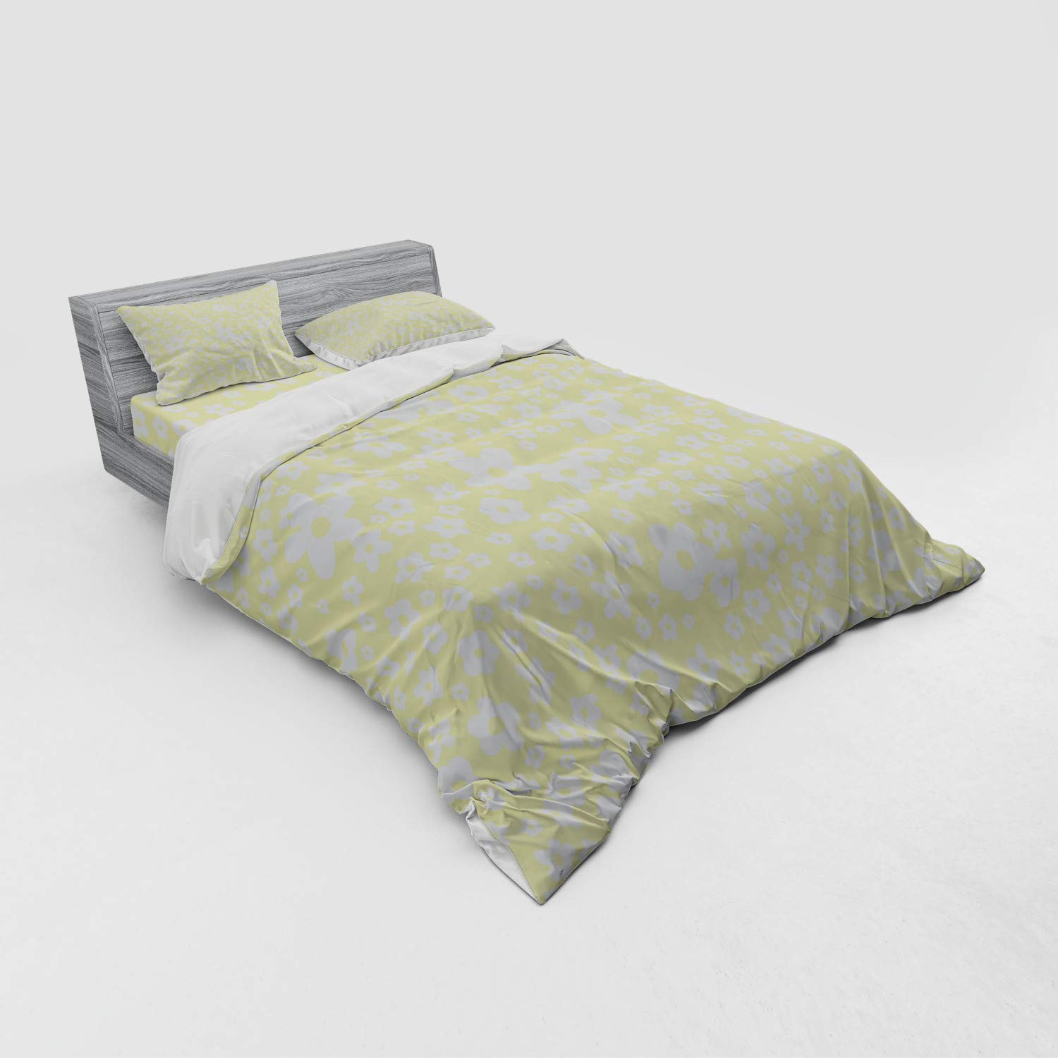 Ambesonne Floral Duvet Cover Set - Queen Size 4-Piece Bedding with Daisy Blossom Design on Yellow Background, Includes Shams & Fitted Sheet | Spring Home Decor for Master Bedroom, Guest Room & Dorm