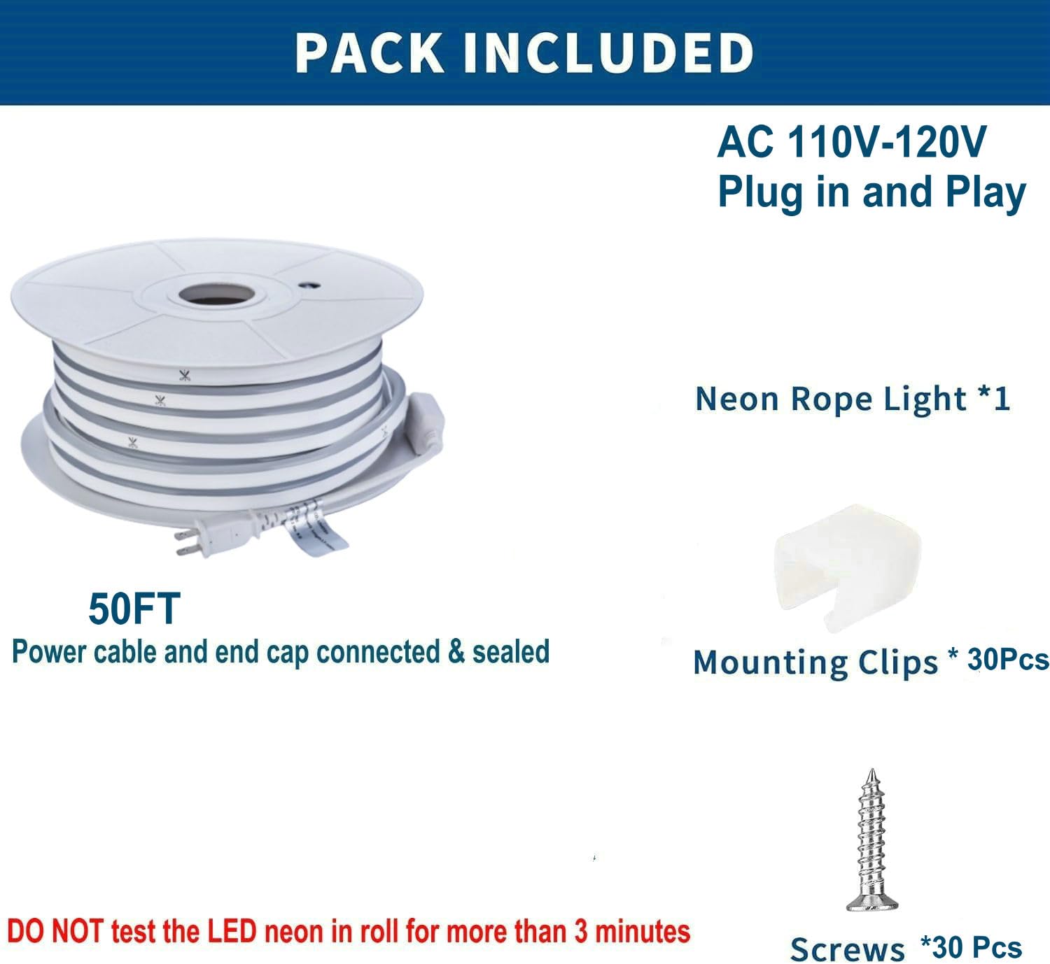 50FT White LED Neon Rope Lights - Waterproof Flexible AC 110V/120V Neon Strip Lighting for Indoor & Outdoor Use - ETL & FCC Certified - Perfect for Home Decor, Commercial Signs, Bars, and Party Lighting