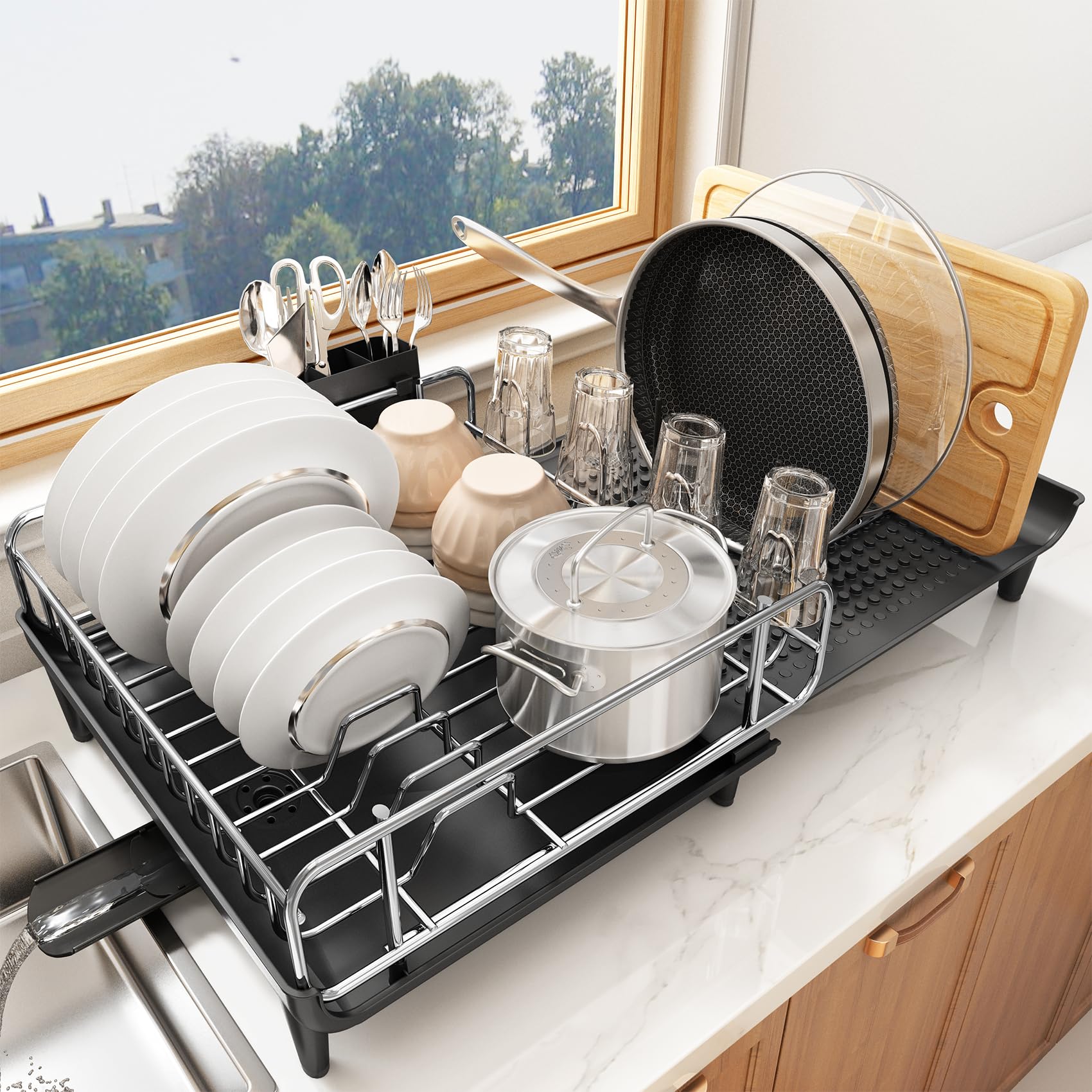 Expandable Dish Drying Rack for Kitchen Counter - Large Dish Drainer with Pan Holder, Utensil Holder & Drainboard Cup Holder | Space-Saving Black Dish Rack for Small Kitchens, Apartments & Dorm Rooms