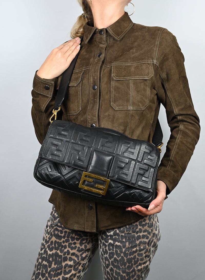 Fendi Black Leather Maxi Baguette Shoulder Bag with FF Logo - Perfect for Work, Travel & Evening Events