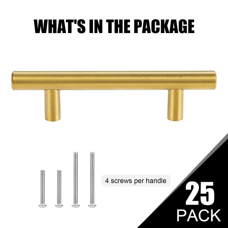 25 Pack 5 Inch Stainless Steel Cabinet Pulls & Drawer Handles - Brushed Brass Finish, 3