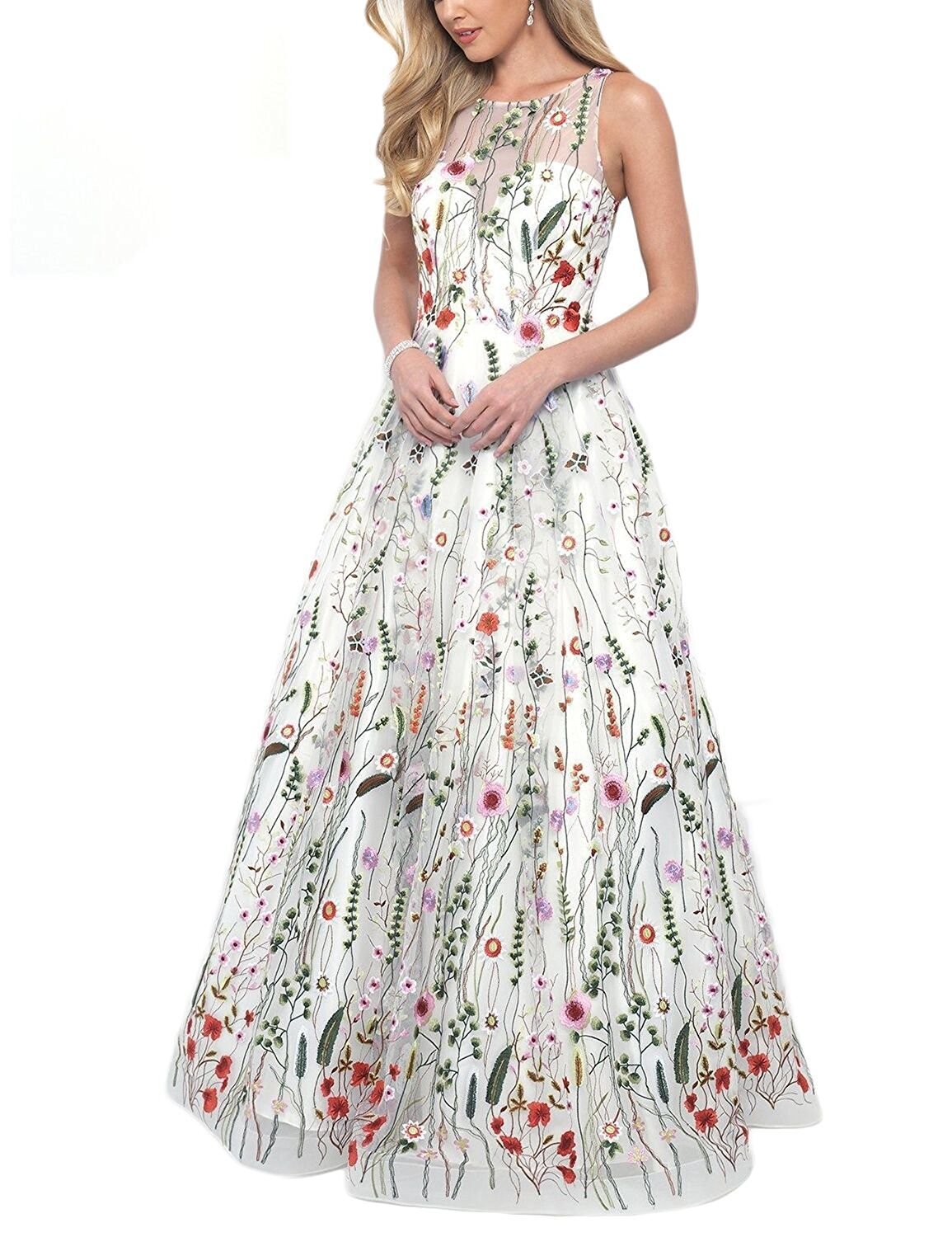 Elegant White Prom Dresses for Women - Long Floral Evening Gown with Lace Details | Perfect for Homecoming, Formal Dances & Special Occasions
