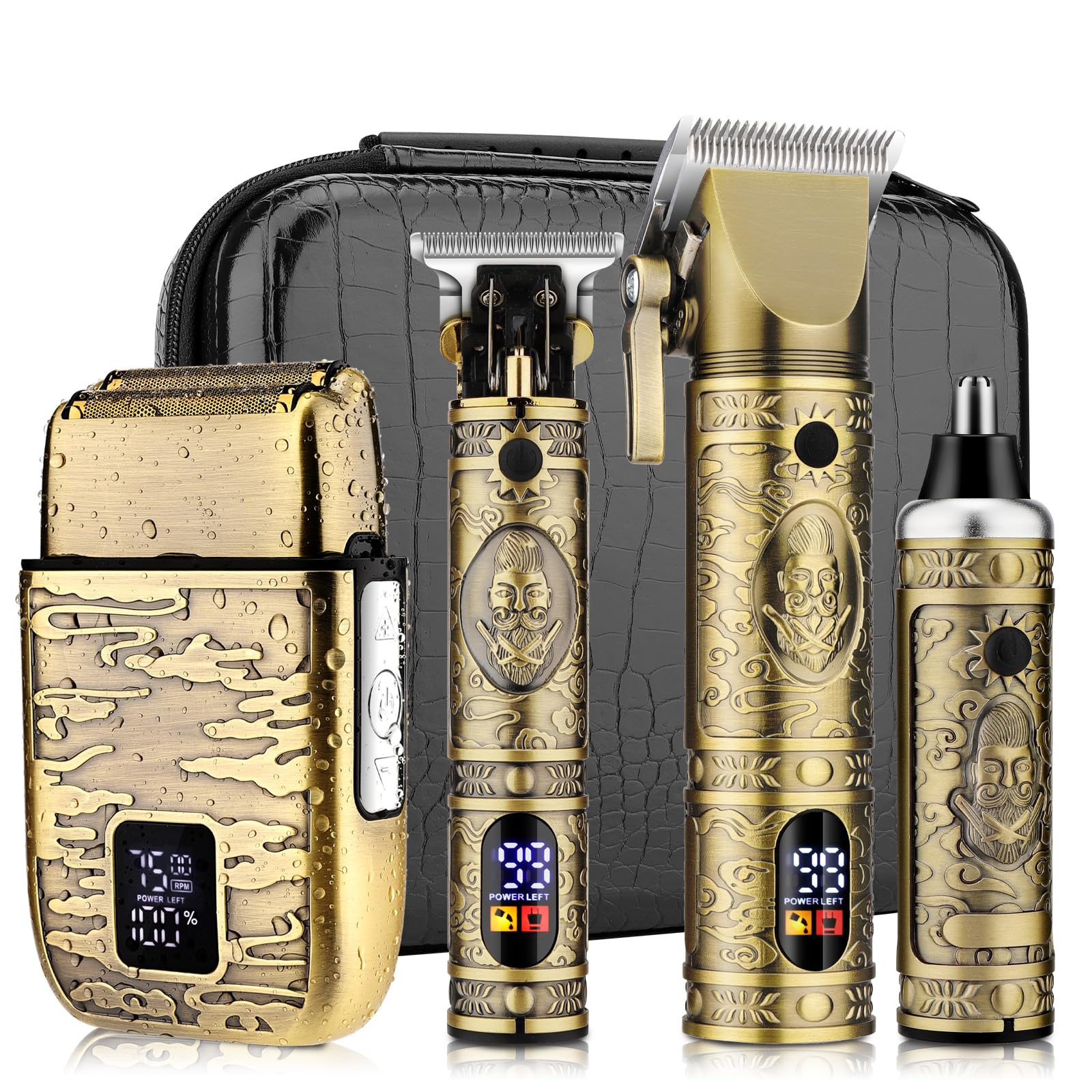 Professional Cordless Hair Clippers for Men - 4-in-1 Barber Kit with T-Blade Trimmer, Electric Shaver & Nose Hair Trimmer, LCD Display - Perfect for Home Haircuts, Beard Grooming & Personal Grooming (Gold)
