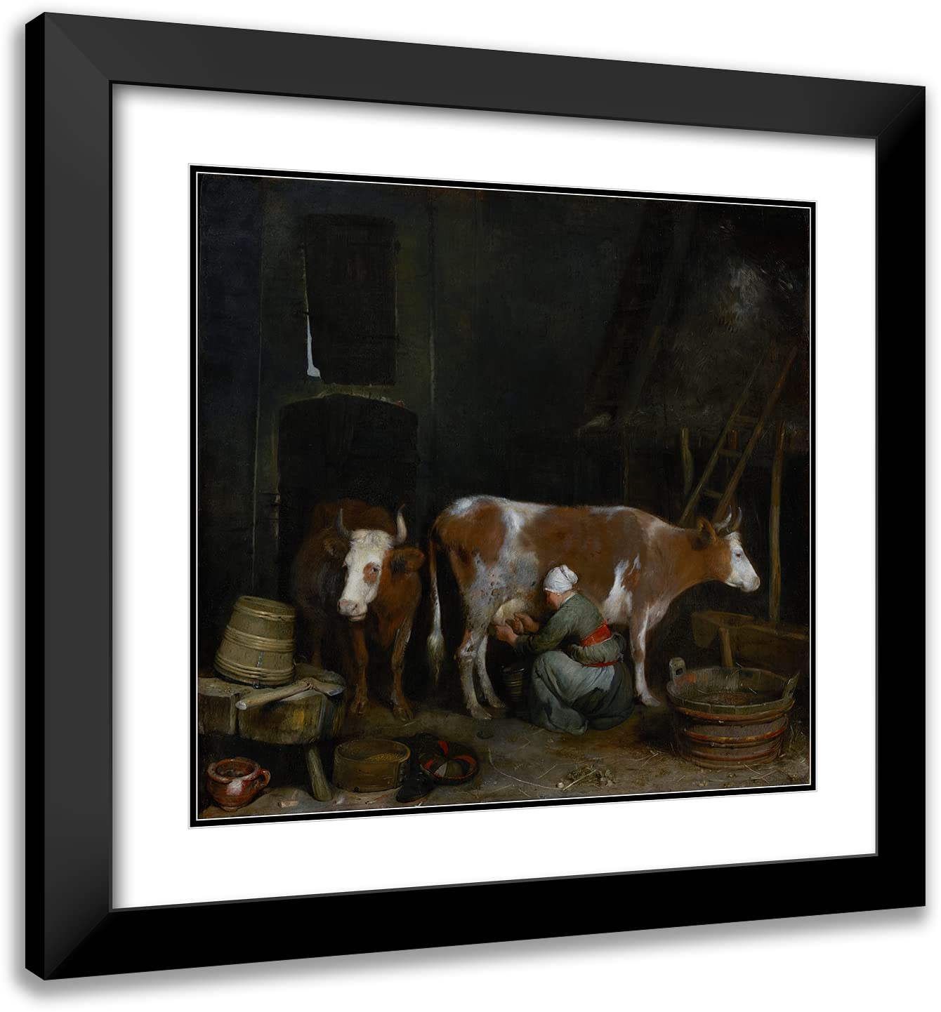 Gerard ter Borch 'A Maid Milking a Cow in a Barn' (1652-1654) - 21x20 Inch Black Modern Framed Museum Art Print with Double Matting | Wall Decor for Living Room, Bedroom & Office