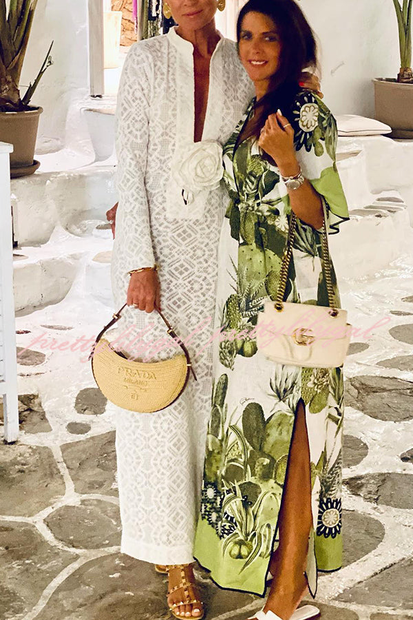 Spanish Breeze Lace Deep V Neck Long Sleeve Maxi Dress with Removable Flowers & High Slit - Perfect for Beach Vacations, Summer Weddings & Boho Photoshoots