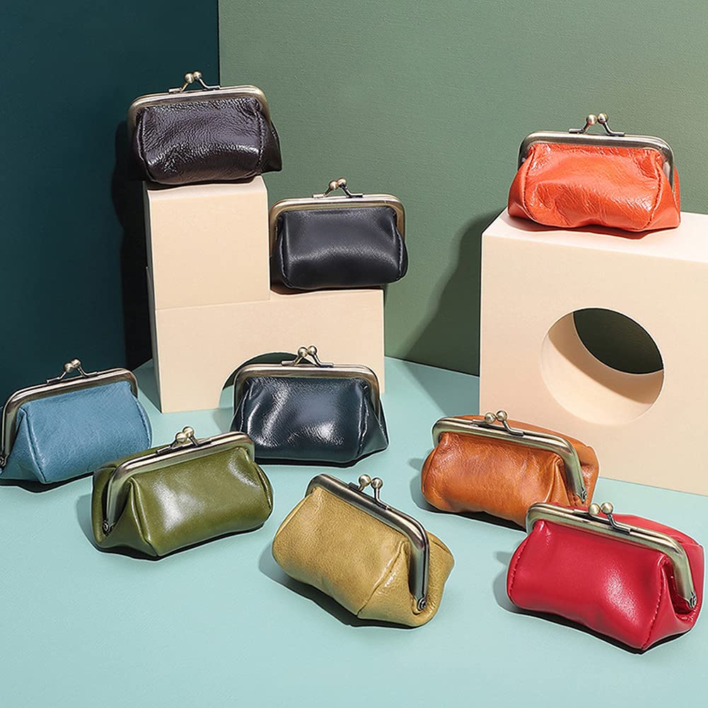 Genuine Leather Clutch Bag for Women - Kiss Lock Wallet & Retro Coin Purse Organizer - Elegant Small Handbag for Parties, Dating & Daily Use