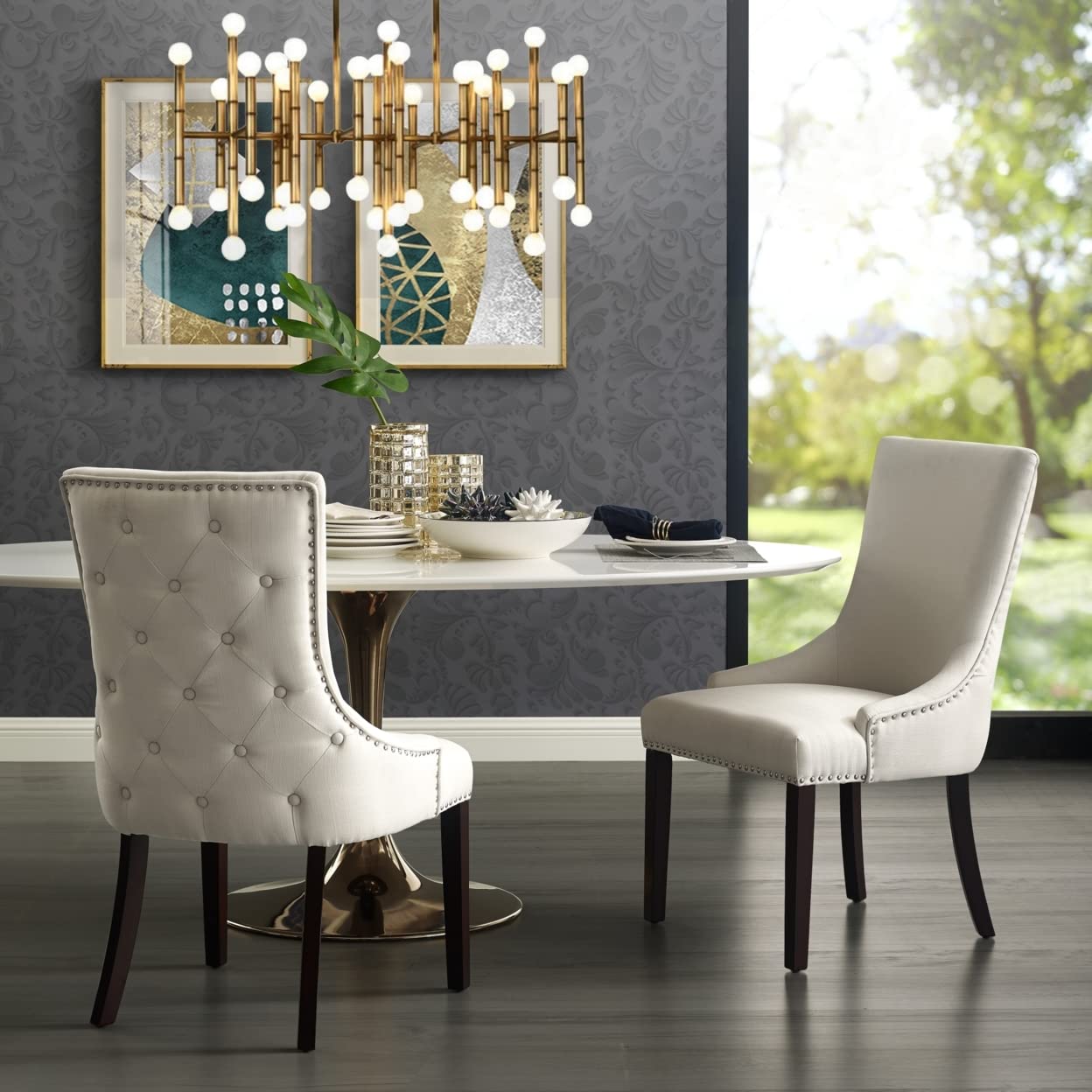 InspiredHome Cream Linen Dining Chairs - Set of 2, Oscar Design with Tufted Back & Nailhead Trim - Elegant Upholstered Side Chairs for Dining Room, Kitchen, or Home Office