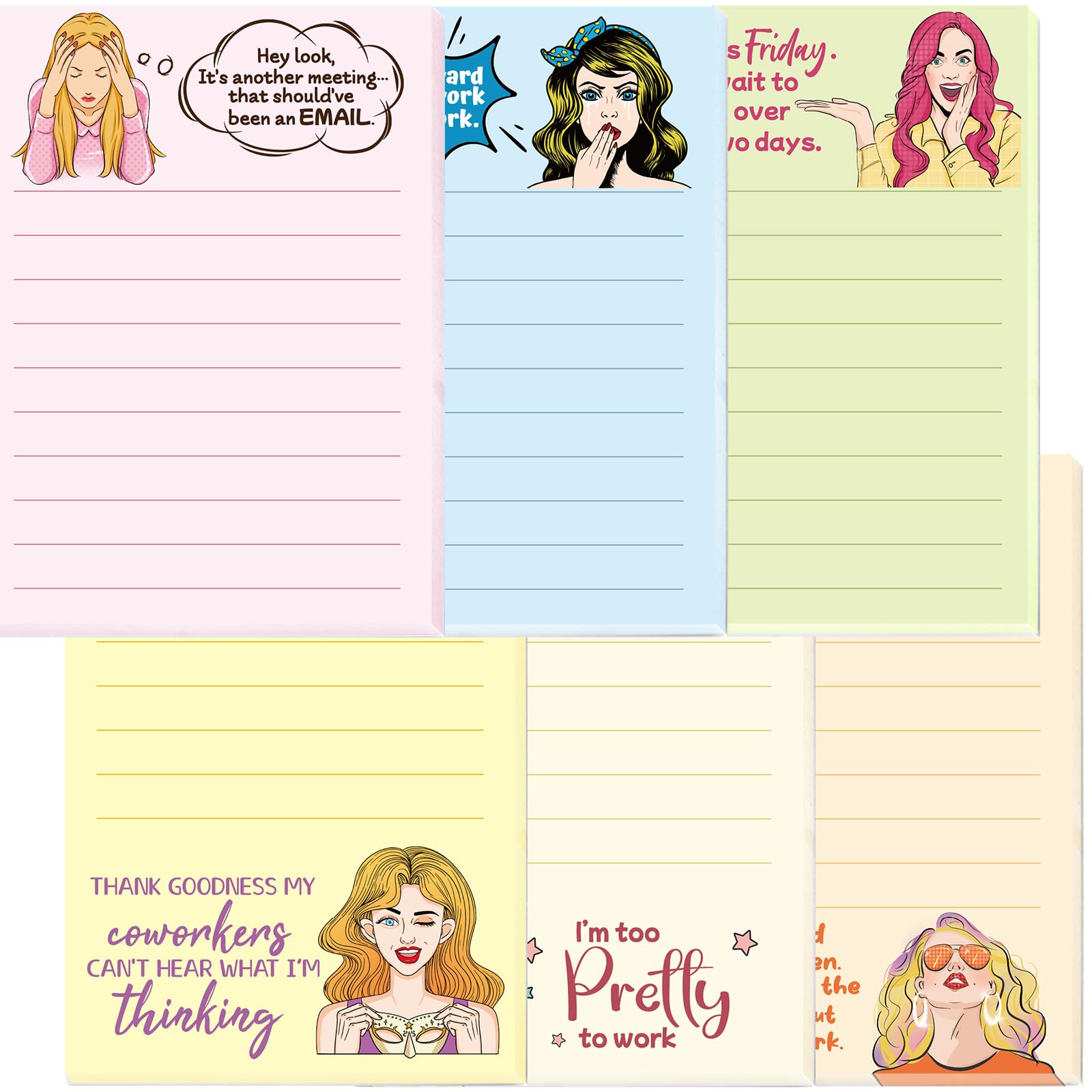 Funny Notepads for Women - 6 Pack Novelty Memo Pads with Inspirational Sayings, Cute Office Supplies for Coworkers & Staff - Perfect Christmas Gag Gifts, Desk Accessories for Work, Home & School Organization
