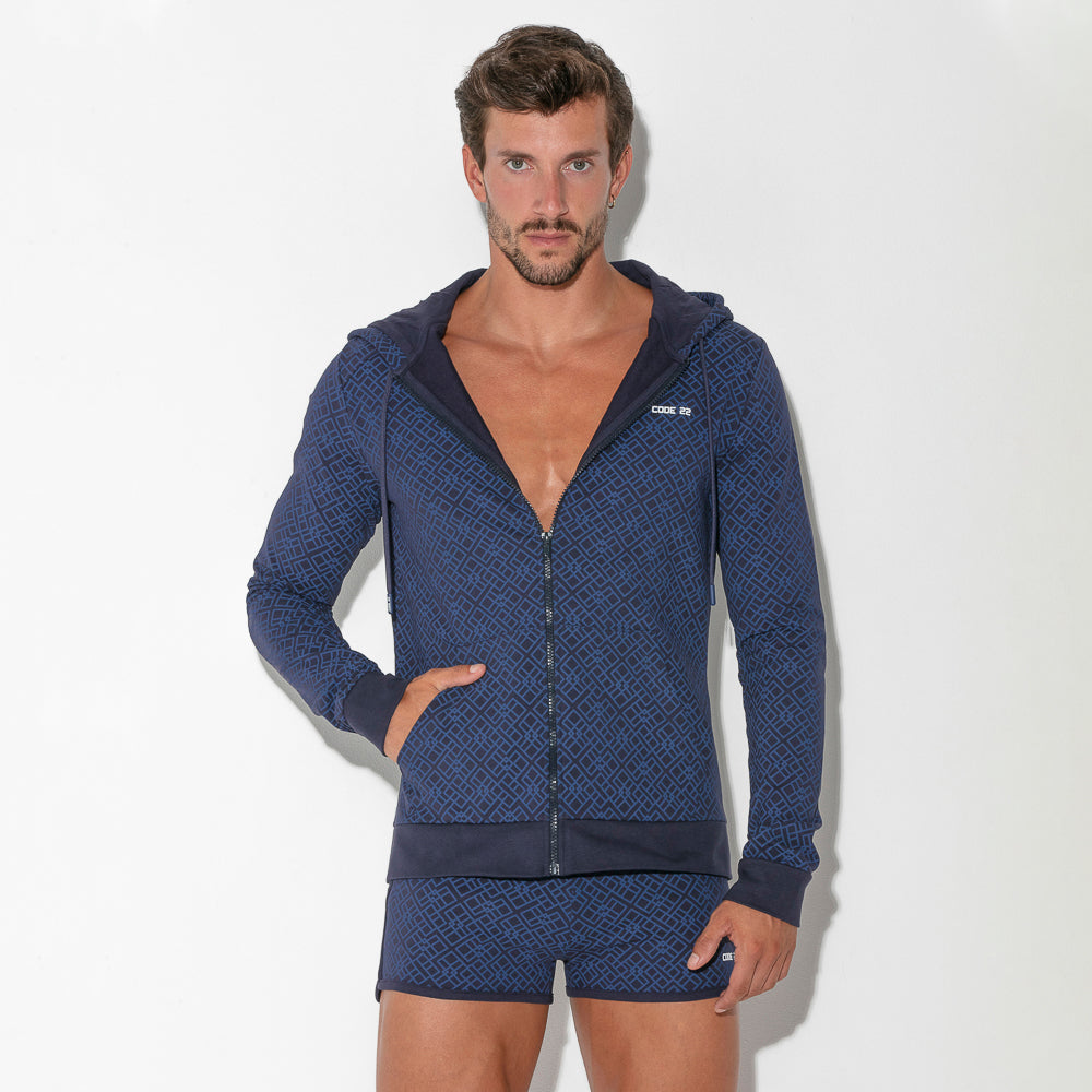 Code 22 Geometric Print Slim Fit Cotton Hoodie 9811 - Navy Blue Men's Casual Pullover for Streetwear & Everyday Comfort