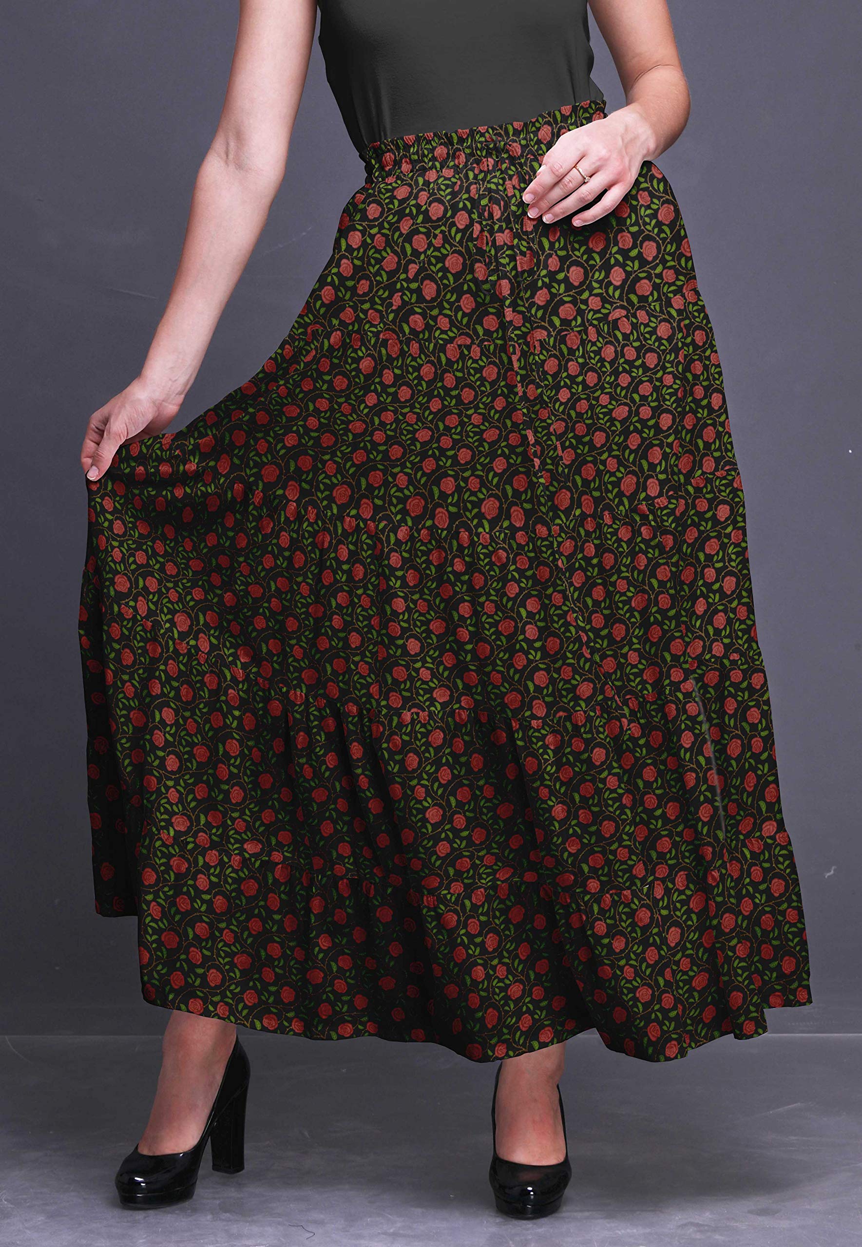 Bimba Printed Long 5-Tier Cotton Skirt for Women - Boho Maxi Skirt with Floral Design | Perfect for Beach Vacations, Music Festivals & Summer Outfits