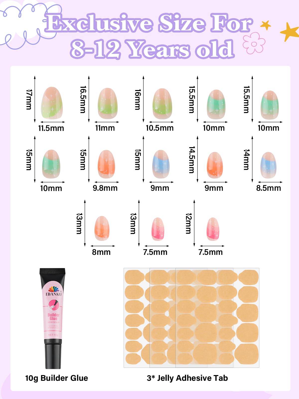 EBANKU 78 Pieces Press on Nails for Kids - 3 Pack Colorful Flower Fake Nail Kit with Jelly Adhesives & Nail Glue for Girls 8-12 Years | Perfect for Birthday Parties, Playdates & DIY Nail Art Fun