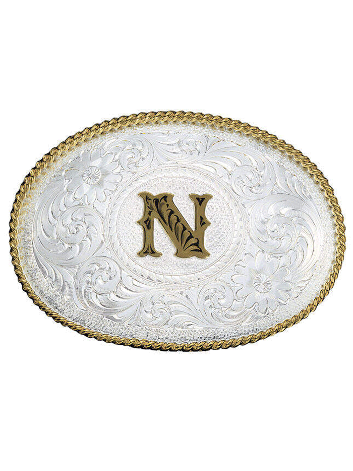 Montana Silversmiths 700 Initial Silver Engraved Gold Trim Western Belt Buckle for Men & Women - Perfect for Cowboy Boots, Jeans & Western Outfits