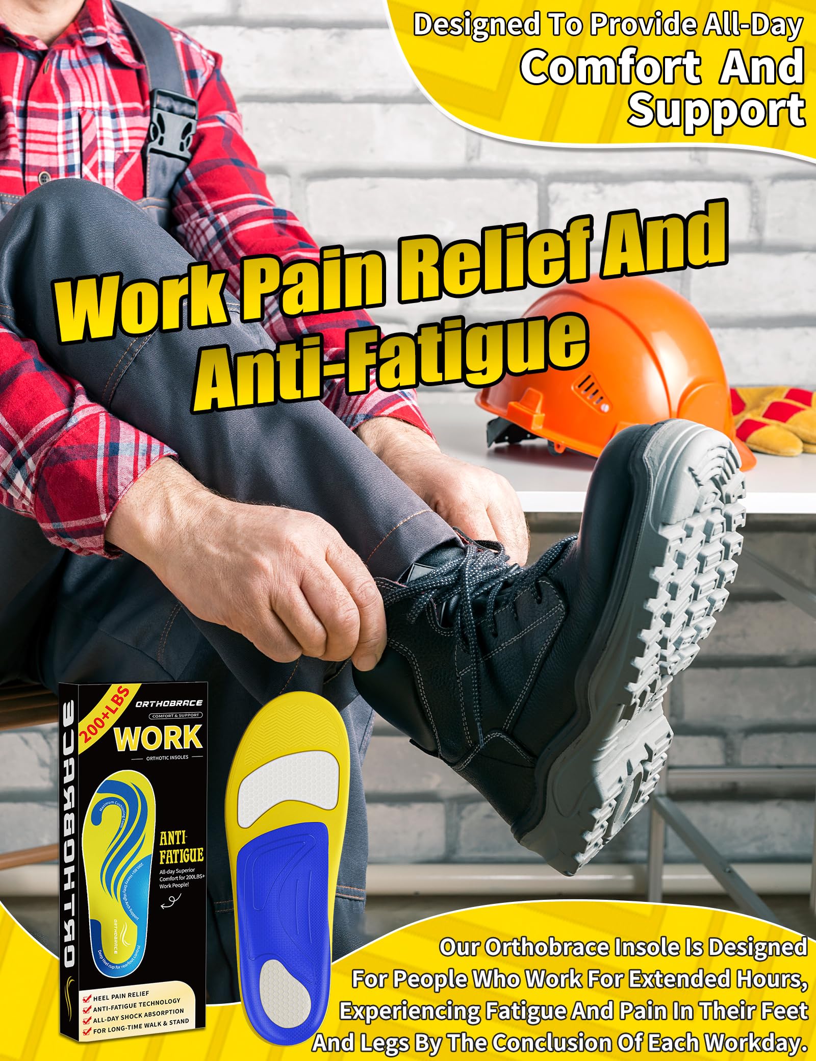 Heavy Duty Work Insoles for Men & Women - 200+ lbs Support, Medium & High Arch Inserts for All-Day Standing, Plantar Fasciitis & Foot Pain Relief, Anti-Fatigue Shoe Insoles for Work Boots - Perfect for Construction, Nursing, Retail & Long Work Shifts