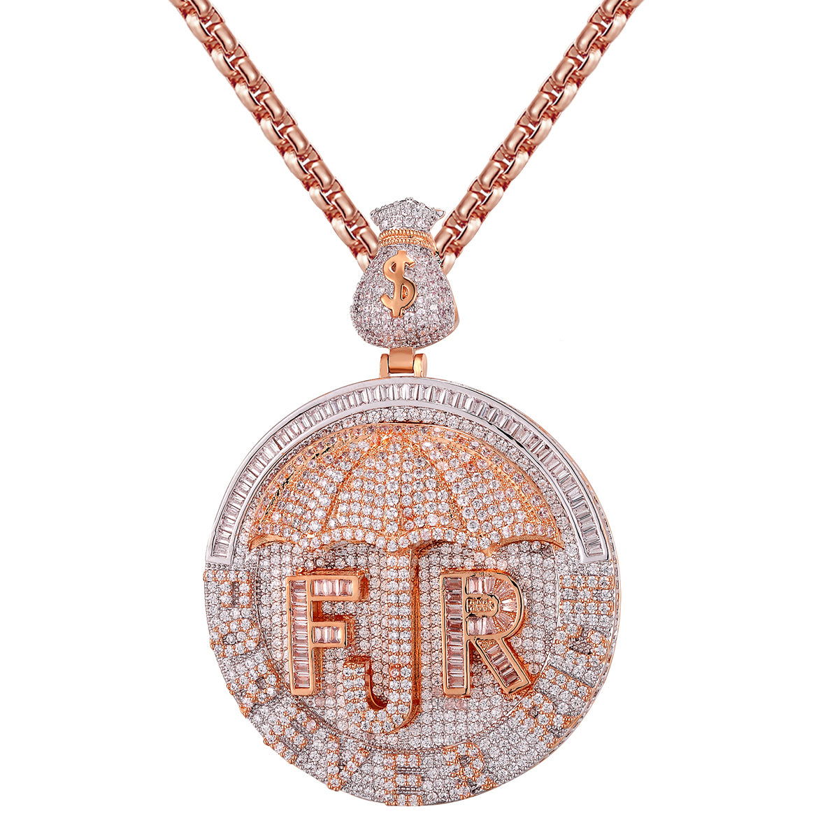 Forever Rich Baguette Circle Money Bag Rose Gold Pendant Necklace - Elegant Jewelry for Women, Gift for Her, Perfect for Parties, Weddings & Special Occasions