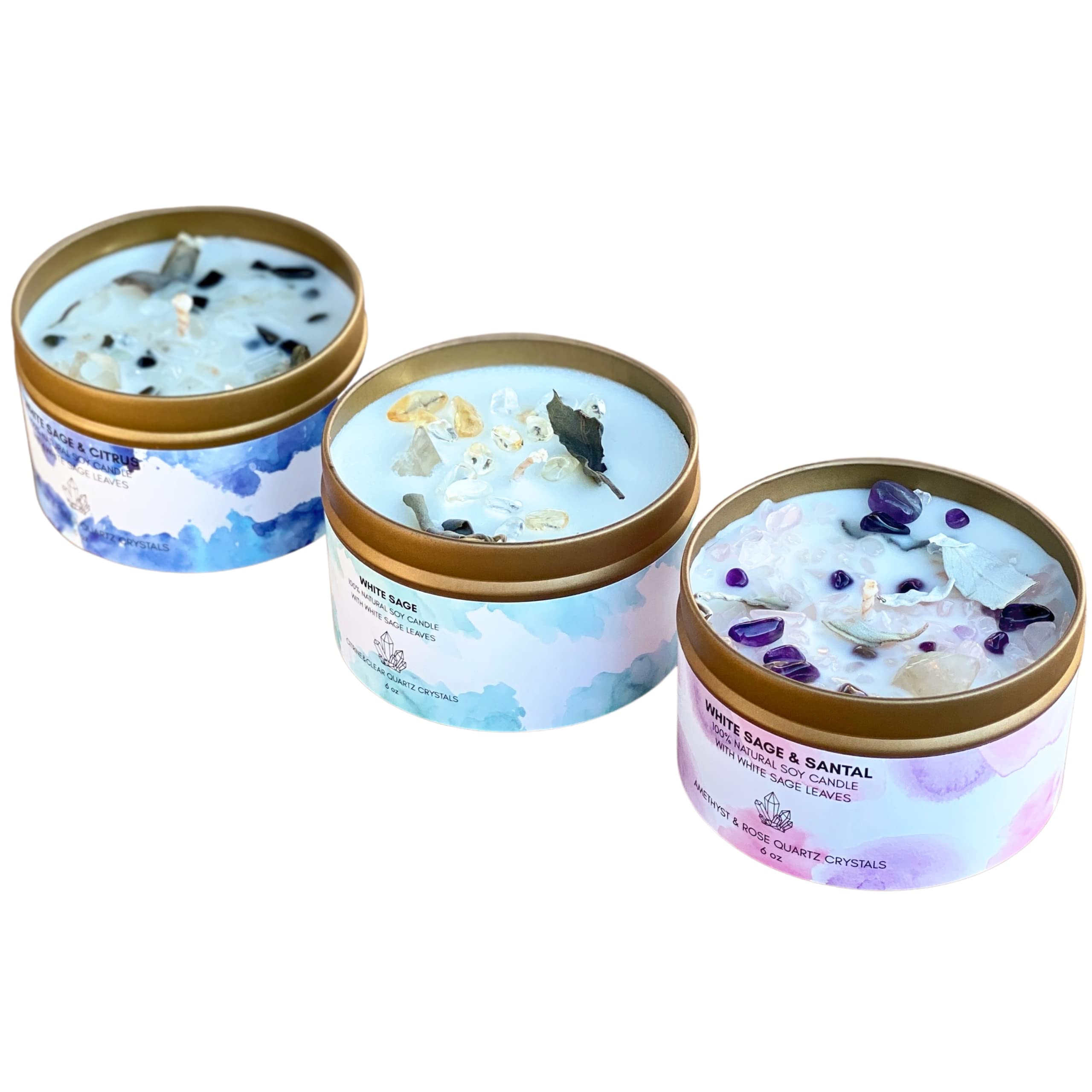 Natural White Sage Smudge Candles with Healing Gemstone Crystals | 100% Soy Wax & Essential Oils | Meditation, Yoga & Home Cleansing Rituals