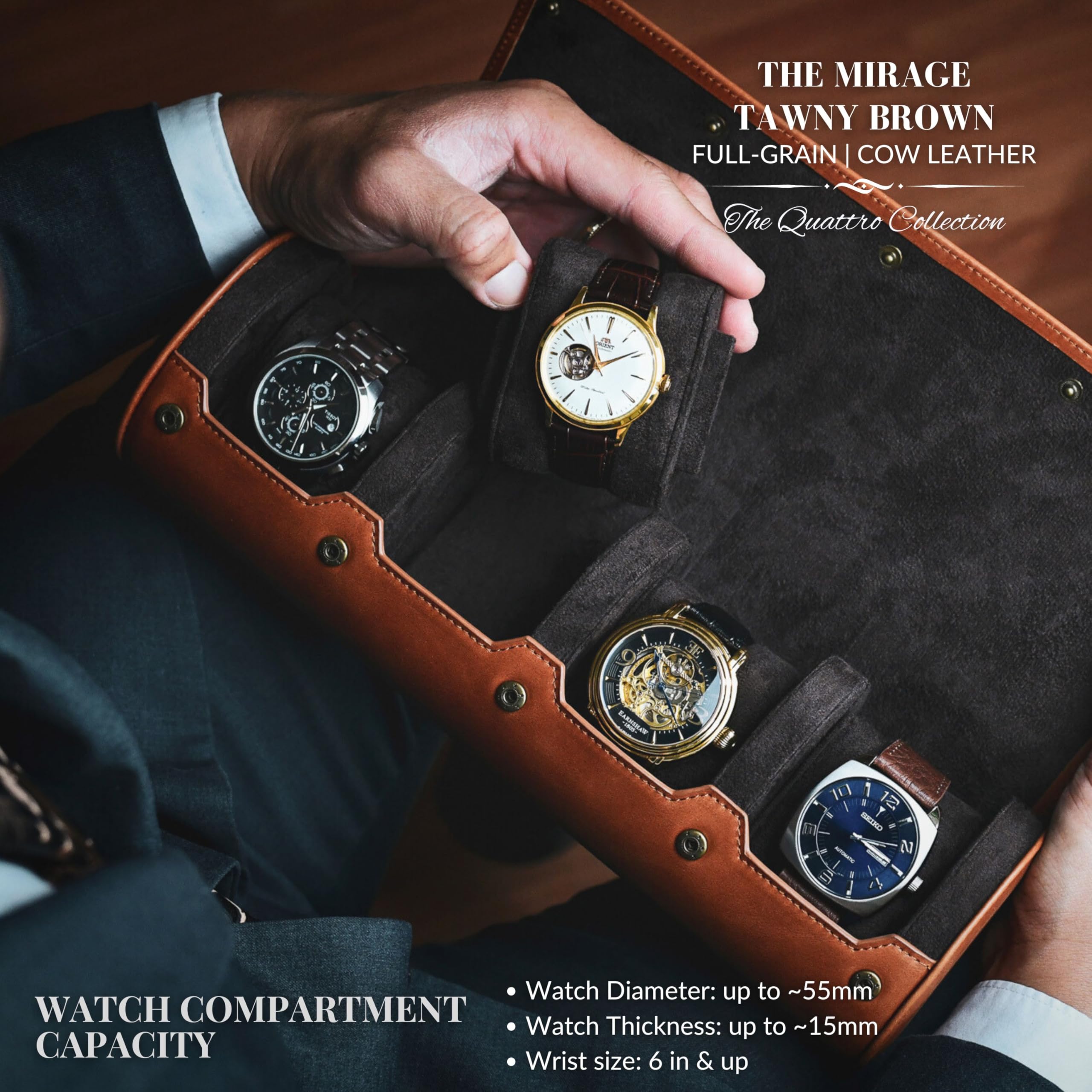 4-Piece Leather Watch Travel Case for Men - Premium Brown Full Grain Cowhide Watch Roll Storage Organizer - Perfect for Business Trips, Vacations & Watch Collectors