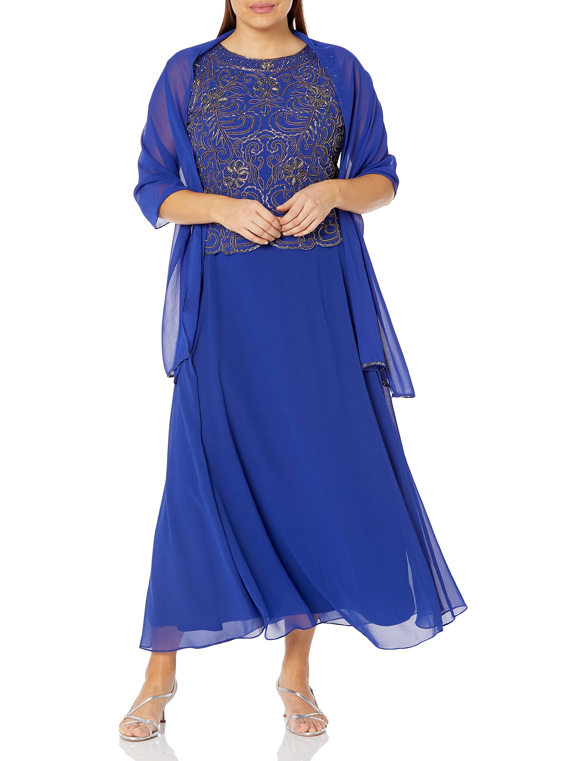 J Kara Women's Plus Size Sleeveless Scallop Neckline Beaded Maxi Dress with Detachable Scarf - Elegant Evening Gown for Weddings, Parties & Special Occasions