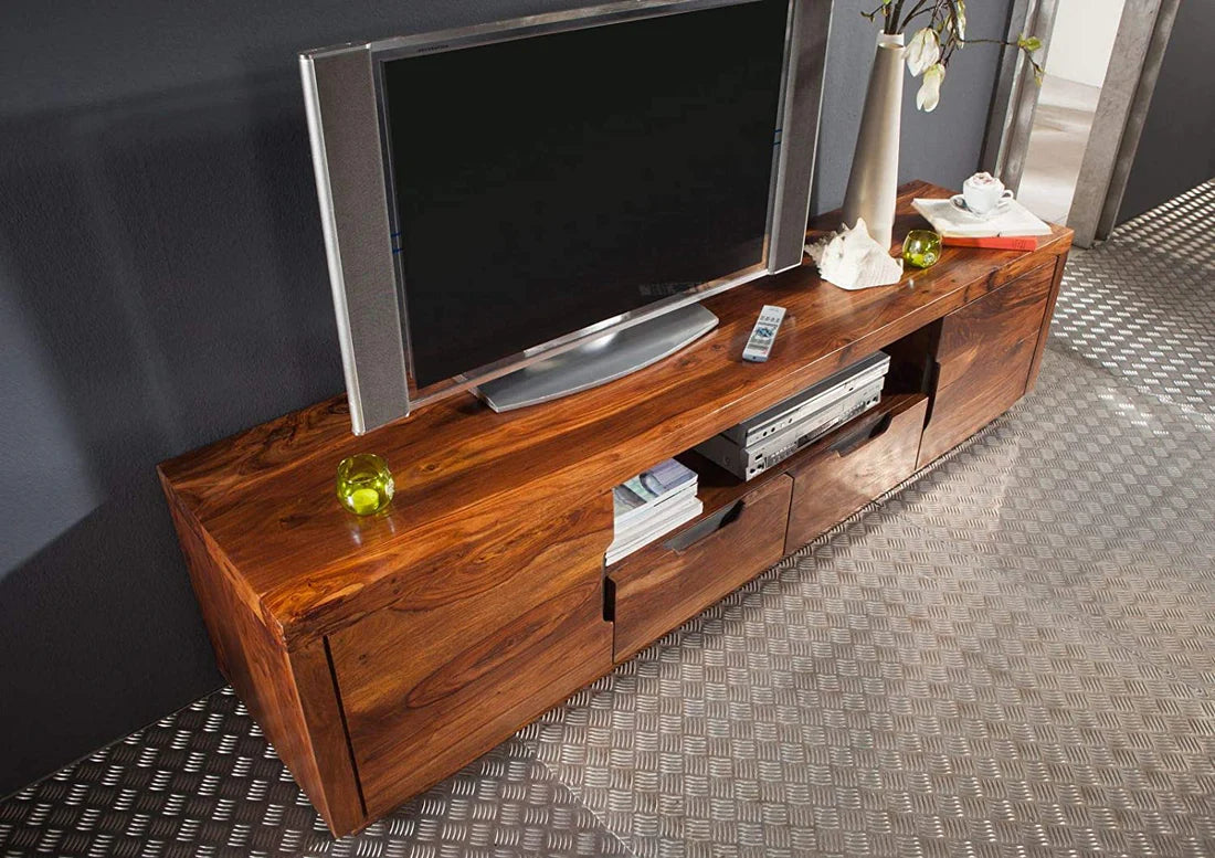 Gfine Solid Sheesham Wood TV Stand with 2 Doors & 2 Drawers - 175x45x50Cm Modern Entertainment Center for Living Room & Home Theater