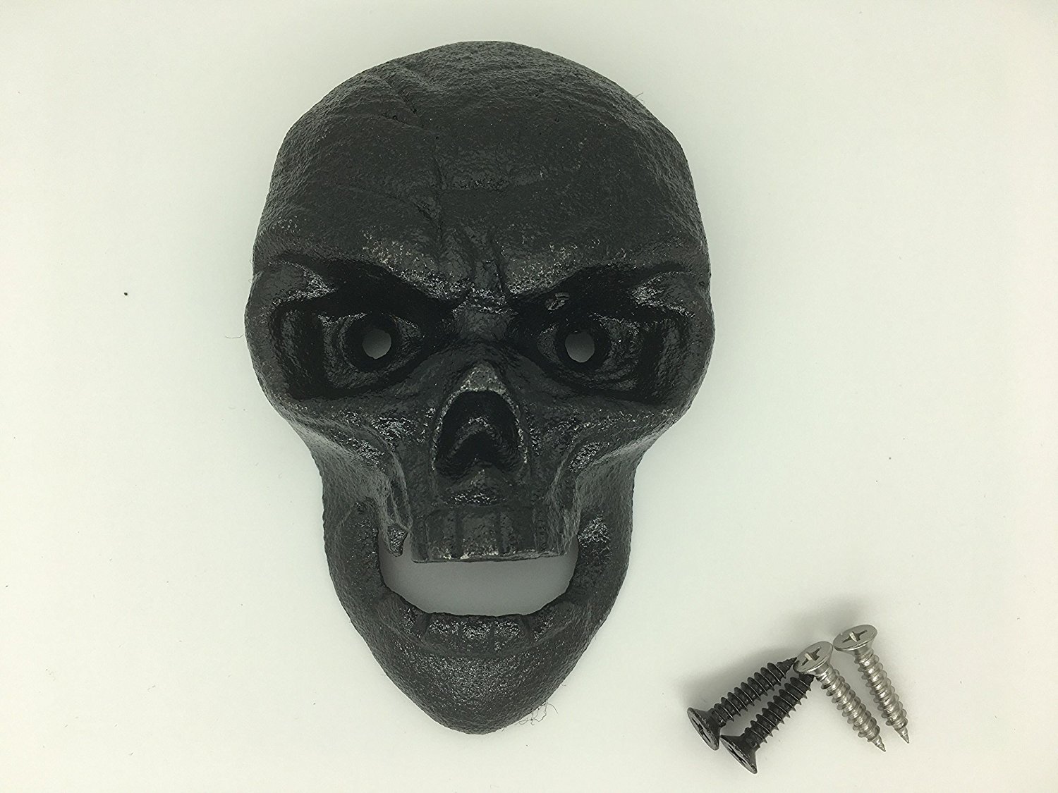 SWONVI Cast Iron Skull Bottle Opener - Wall Mount Grizzly Black Skull with Teeth for Beer Bottles - Cool Bar Accessories for Man Cave, Home Bar & Outdoor Parties
