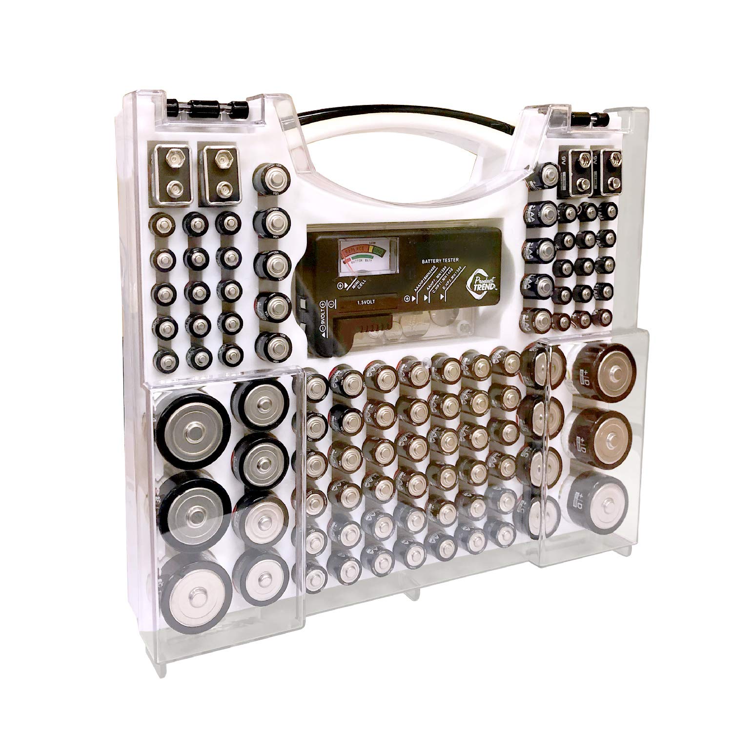 Battery Pro Organizer & Tester - Wall Mount Battery Storage Case for 100 AA/AAA/C/9V/CR123/CR1632/Button Cells (White) | Perfect for Home, Office & Emergency Kits