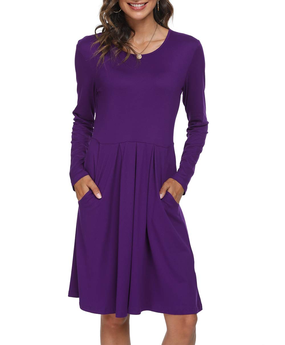 DouBCQ Women's Casual Long Sleeve Flowy Pleated Fall Dresses with Pockets - Elegant Office Wear & Autumn Date Outfit