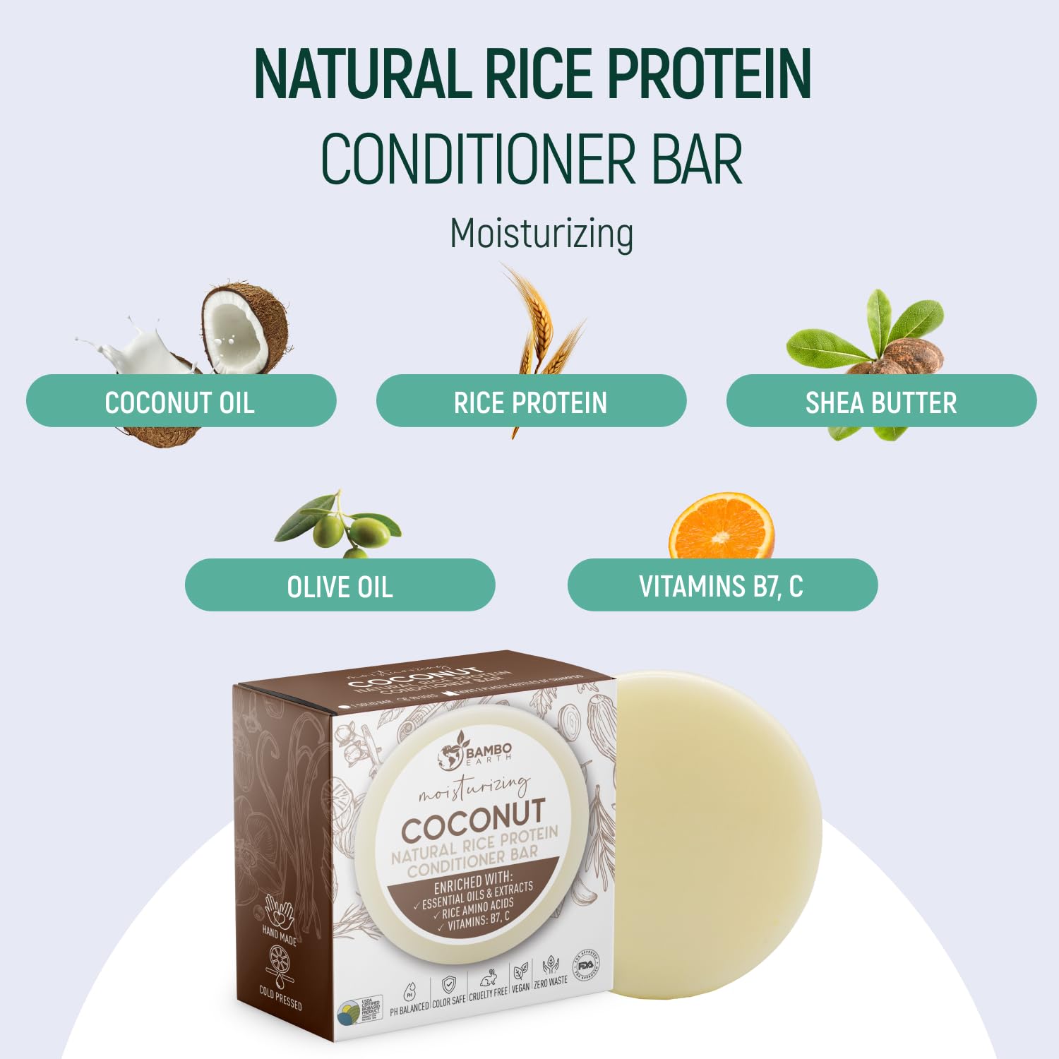 **Solid Rice Protein Hair Conditioner Bar - All Natural Plant-Based Essential Oils, Zero Waste Packaging - Use with Shampoo Bar (Coconut) - Perfect for Eco-Friendly Hair Care at Home or Travel**