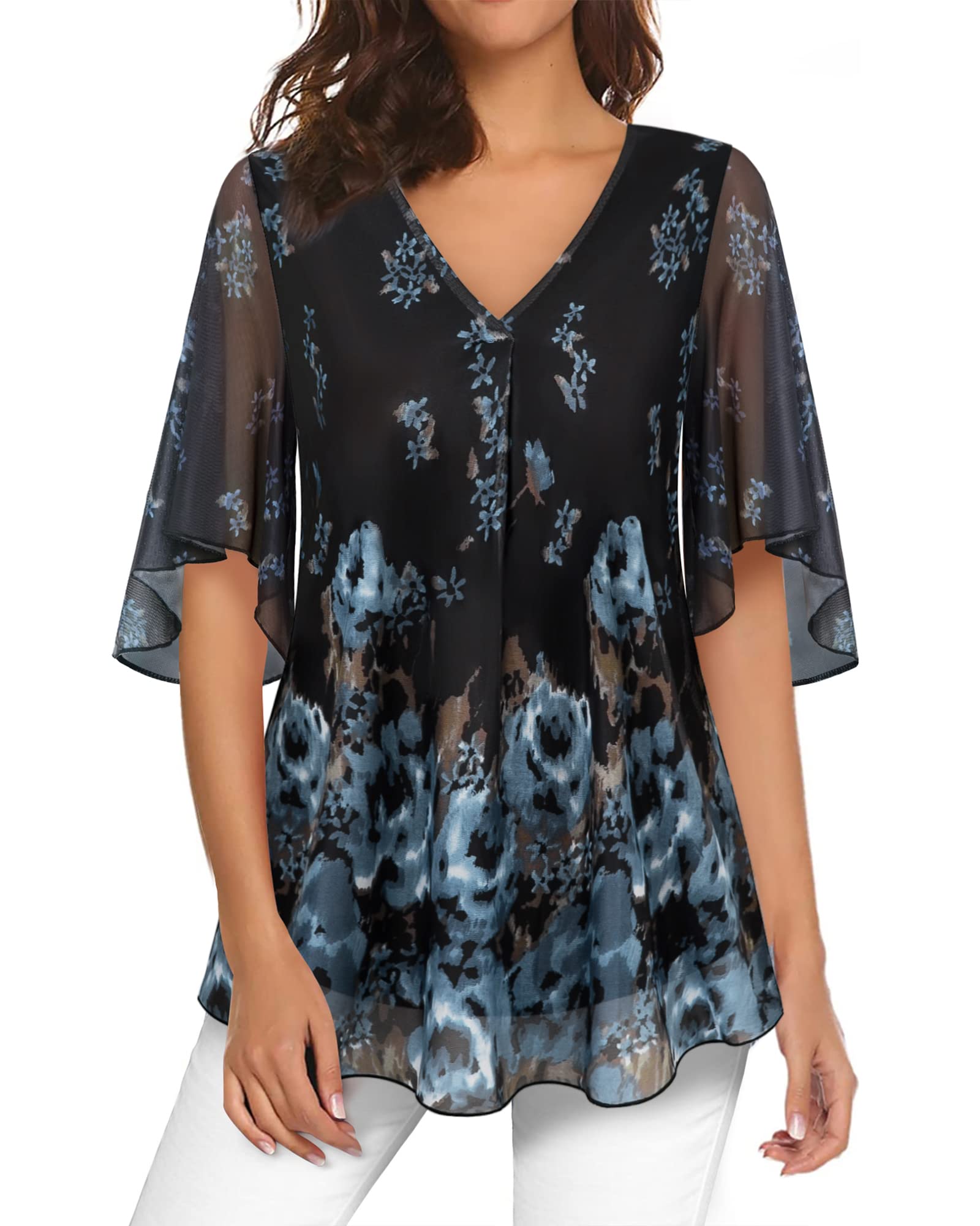 Bebonnie Women's Floral Mesh Bell Sleeve V-Neck Blouse - Elegant Flowy Tops for Party, Date Night & Office Wear